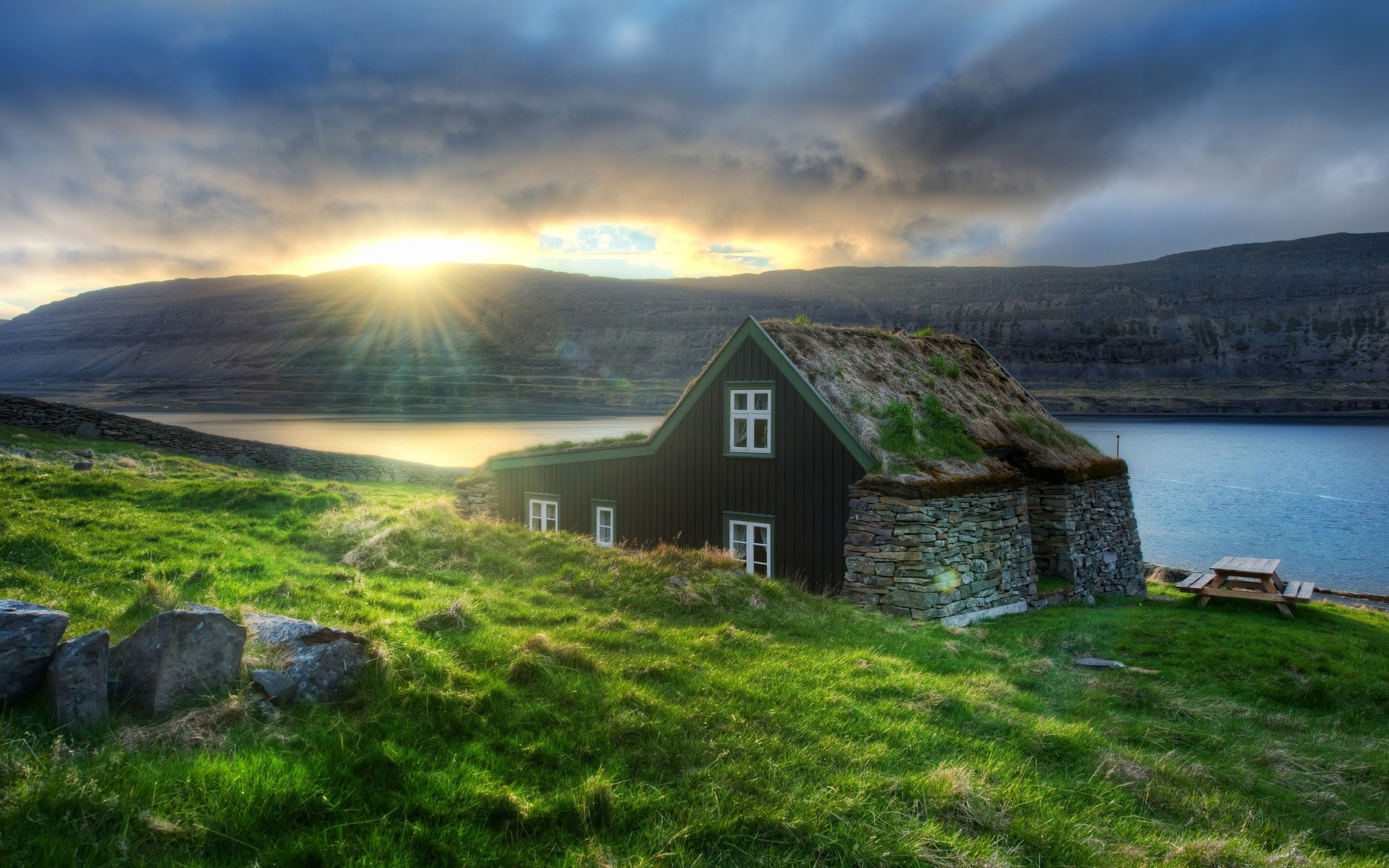 europe, green, built Structure, decline, fjord, norwegian Culture, blue, mountain, lake, idyllic, cloud - Sky, grass, stones, village, wooden, sun, norway, HD Wallpaper