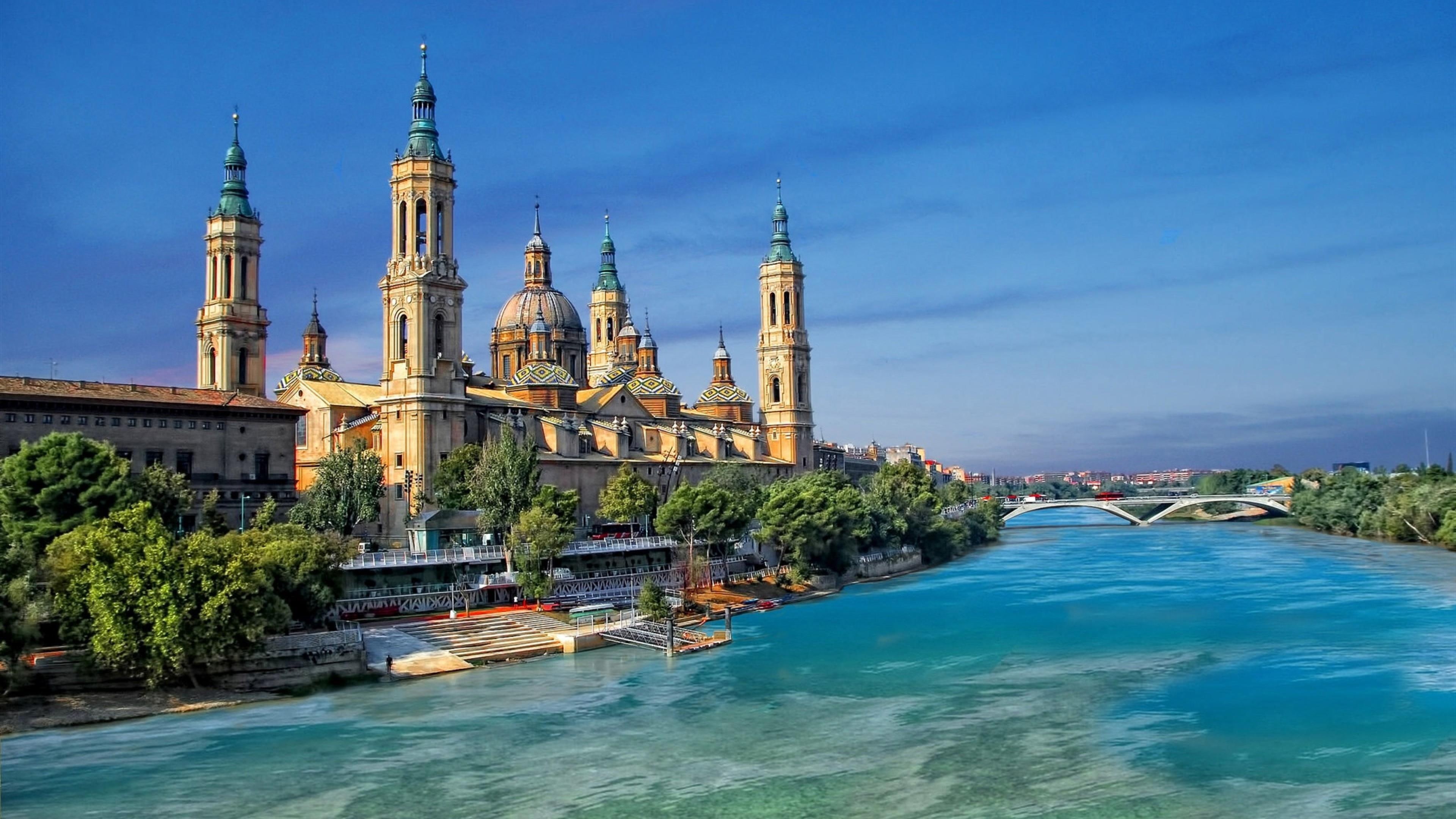 tourism, cityscape, tours, cathedral, ebro river, spain, river, sky, 4K, basilica, tower, waterway, tourist attraction, zaragoza, europe, HD Wallpaper