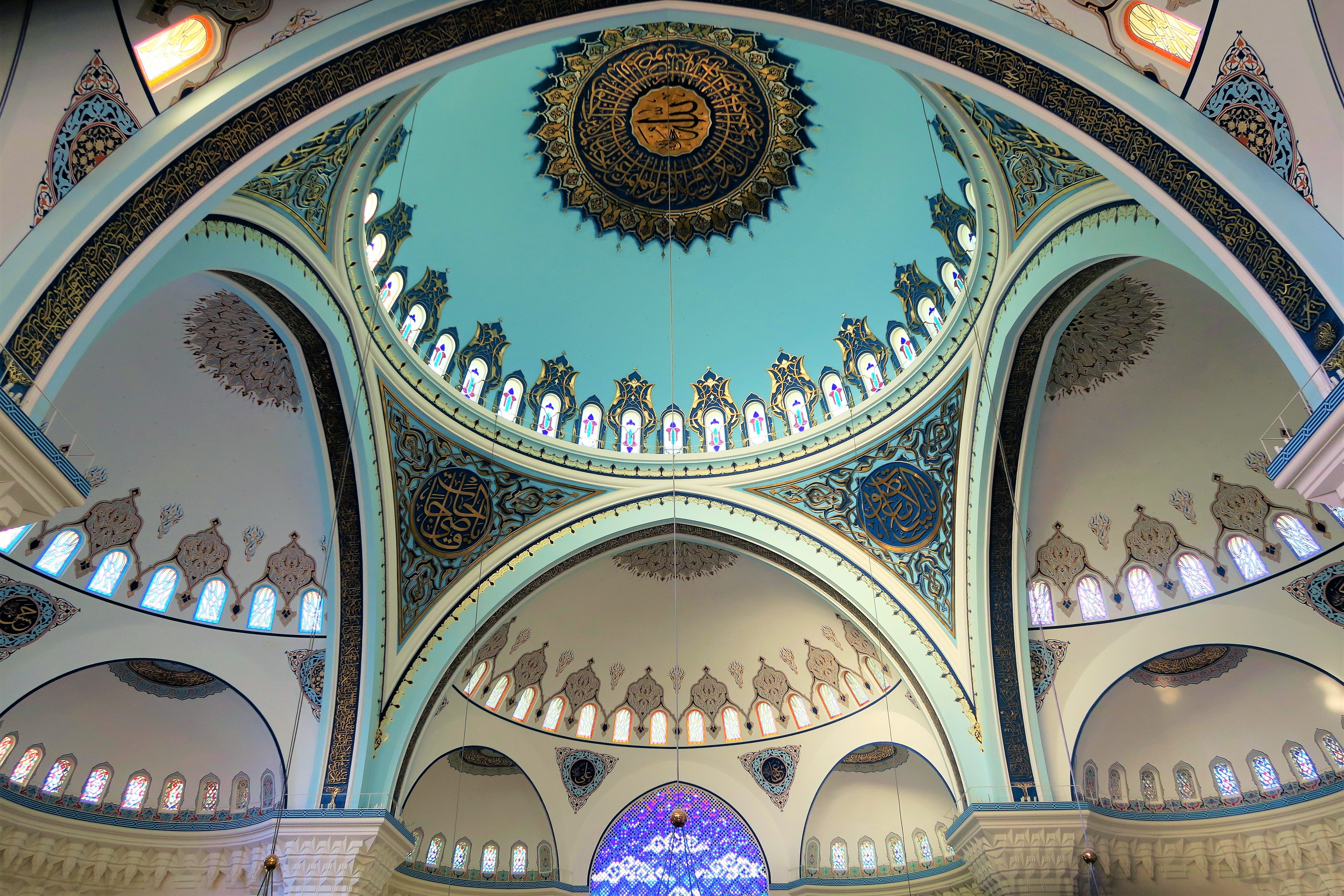 no people, architectural column, architecture, building, mural, travel, 5K, place of worship, luxury, pattern, design, dome, cami, islam, ceiling, low angle view, HD Wallpaper