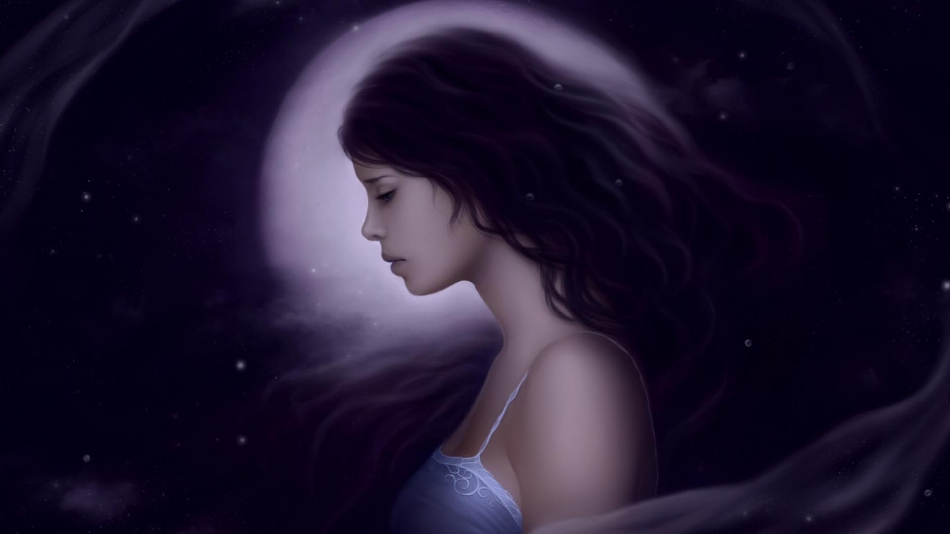 fantasy, moon, purple, 3d and abstract, painting, woman, 1080P, girl, cami, top, HD Wallpaper