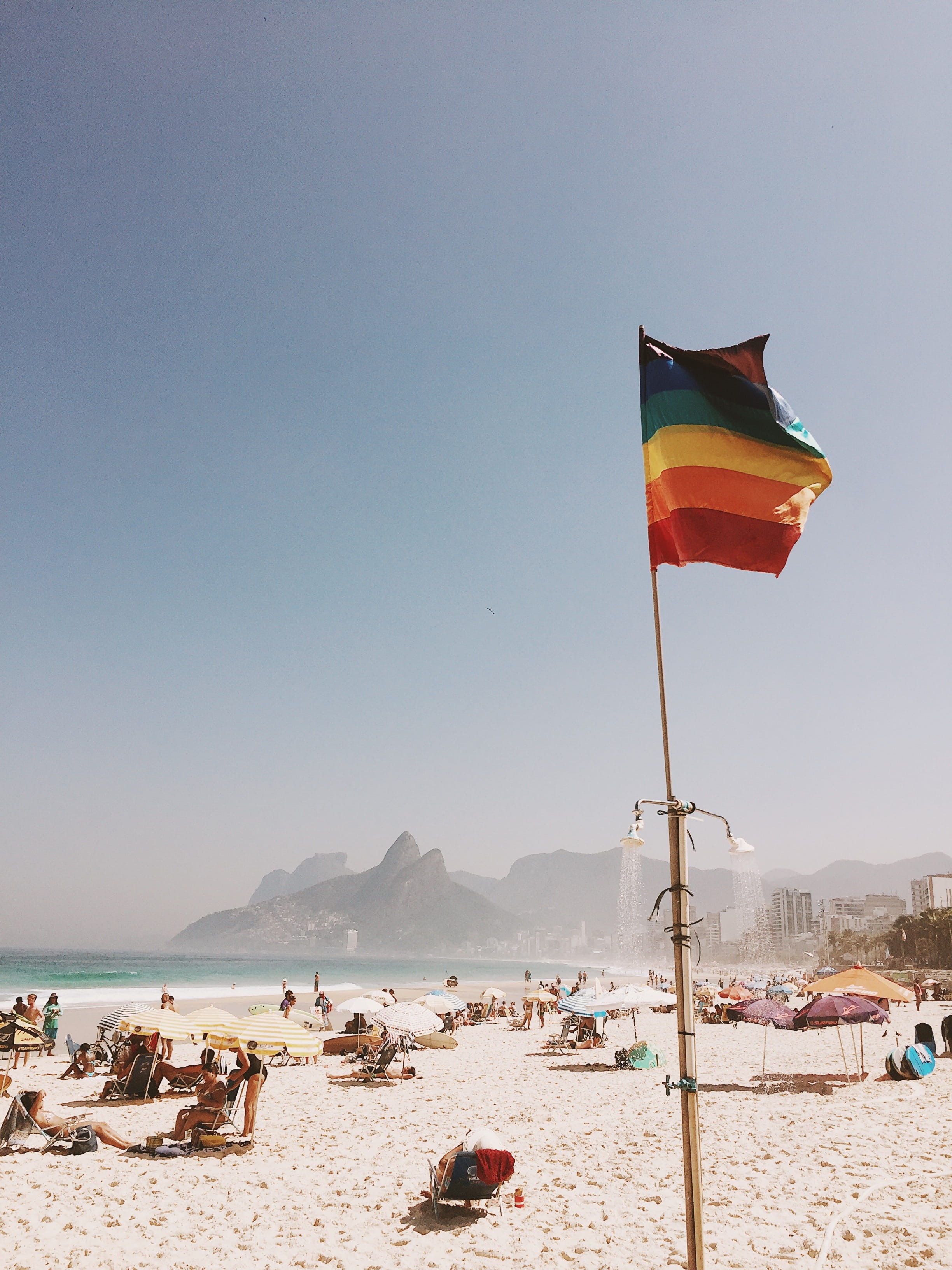 vacations, av. francisco bering, water, mountain, clear sky, brazil, sand, flag, outdoors, incidental people, ipanema, nature, land, wind, day, travel, Phone HD Wallpaper