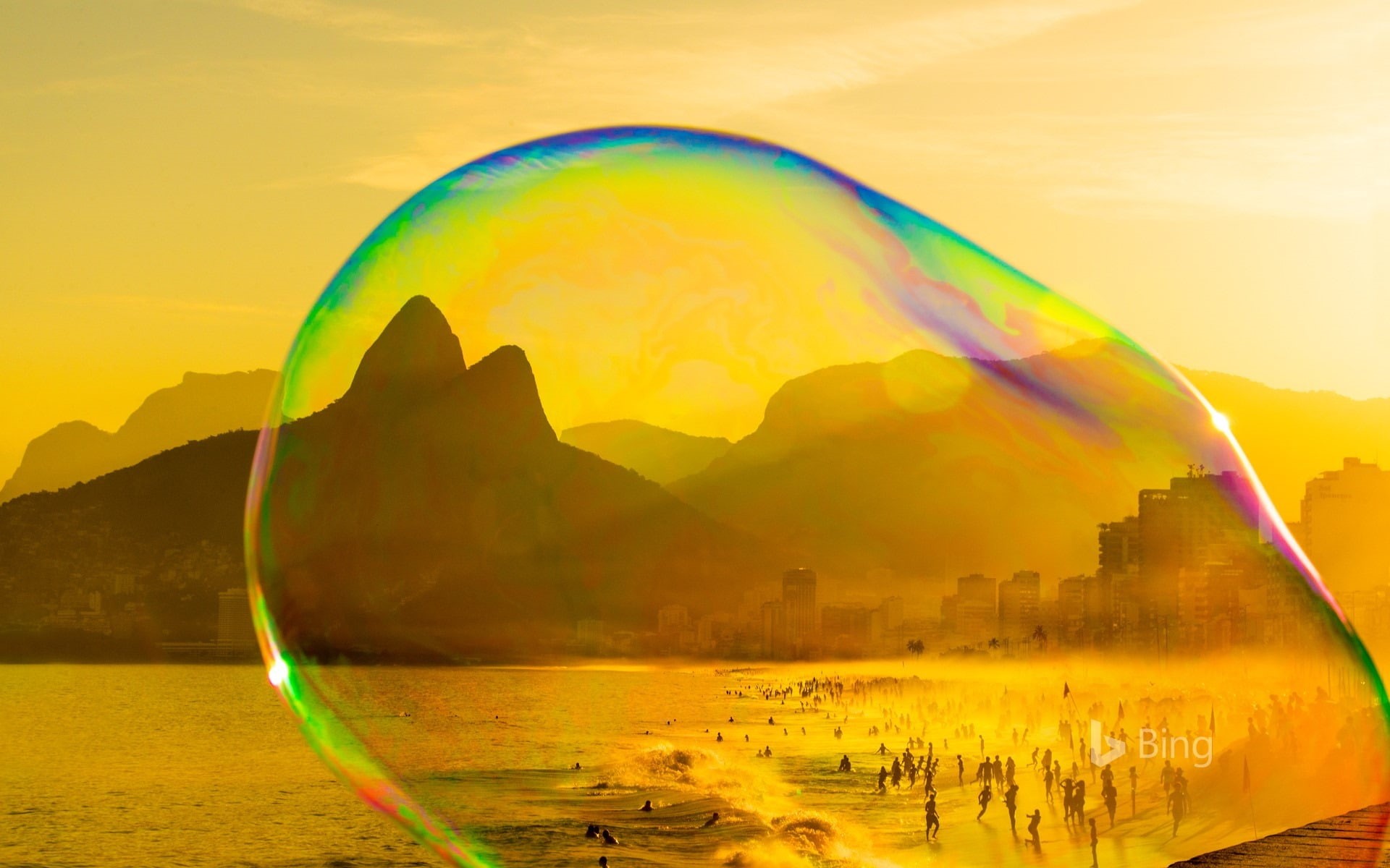 sunlight, non-urban scene, rio, soap, land, tranquility, beach, bing, bubble, no people, ipanema, mountain, tranquil scene, digital composite, sunset, idyllic, HD Wallpaper