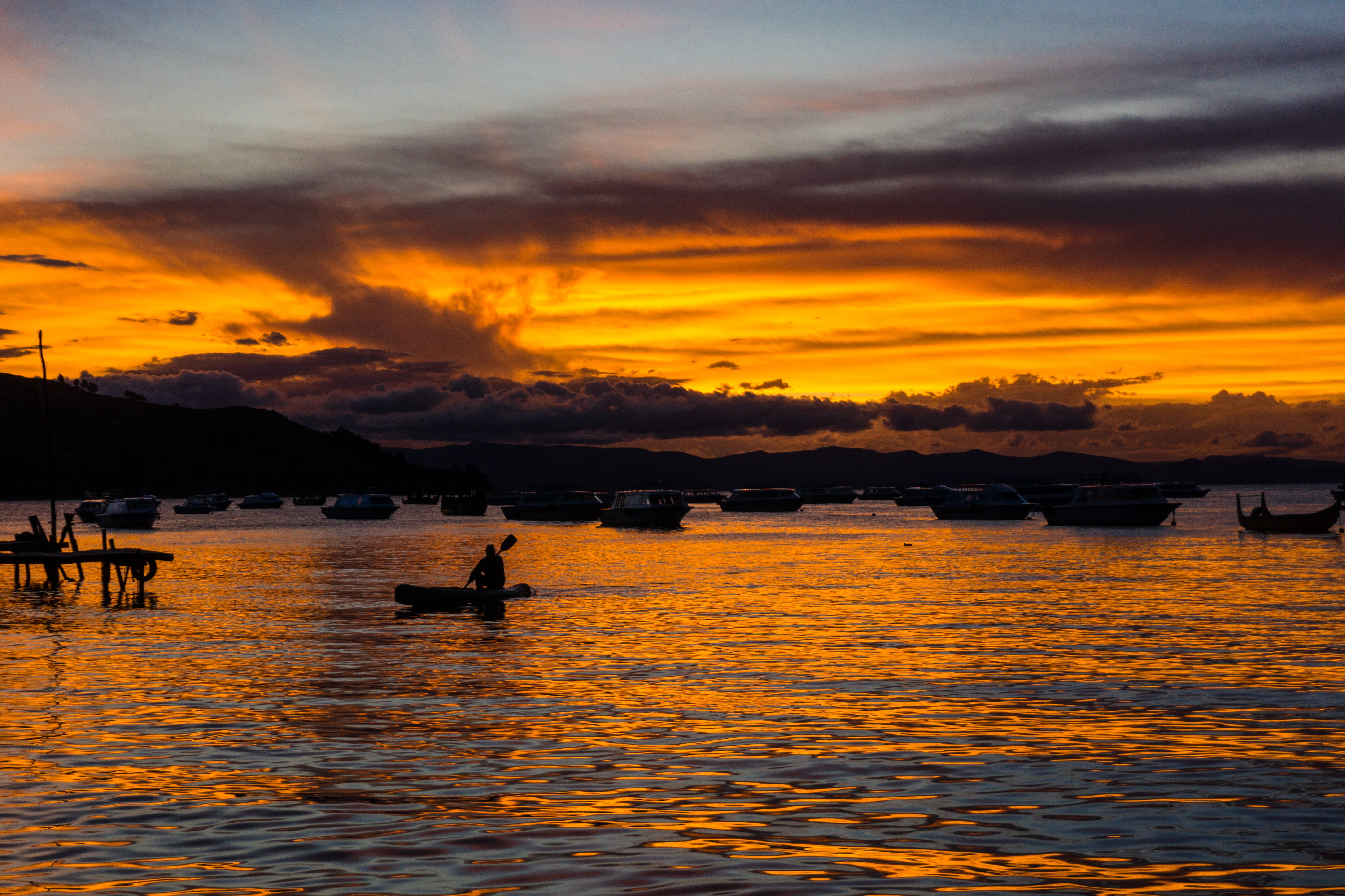 transportation, silhouette, sky, dusk, idyllic, beauty in nature, sunlight, bolivia, human, 5K, riding, red sky, nature, watercraft, tranquility, sunset, HD Wallpaper