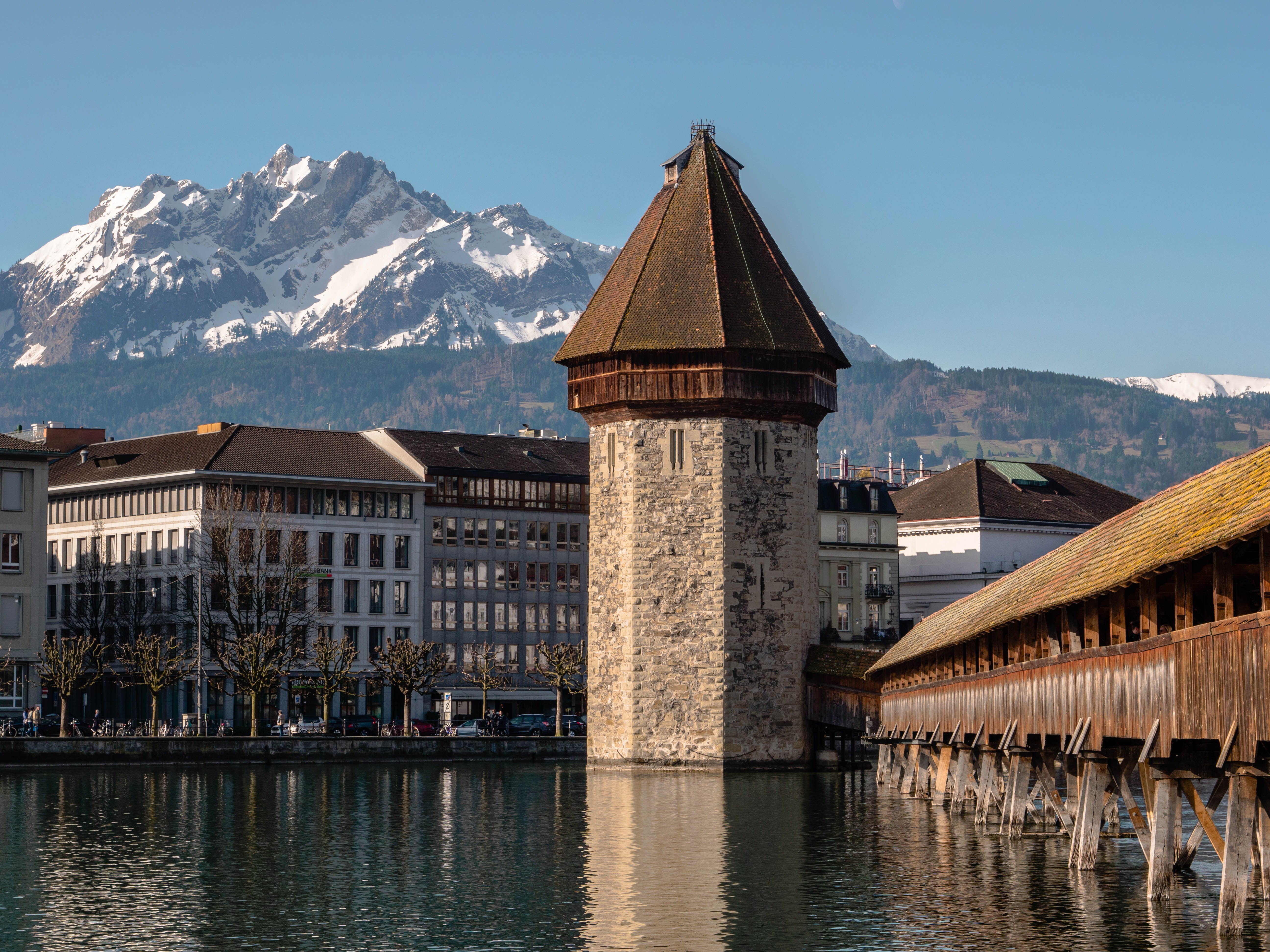 lucerne, prison, reflection, house, bricks, kapellbrücke, day, waterfront, travel, pilatus, mountain, snow, snowcapped mountain, building, clear sky, outdoors, HD Wallpaper