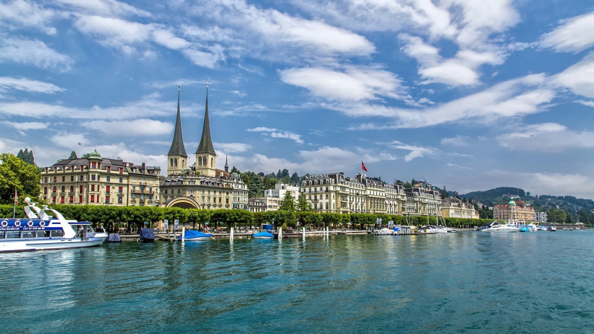 government, water, lucerne, city, mode of transportation, architecture, building exterior, 1080P, lake luzern, tourism, passenger craft, day, harbor, cloud, HD Wallpaper