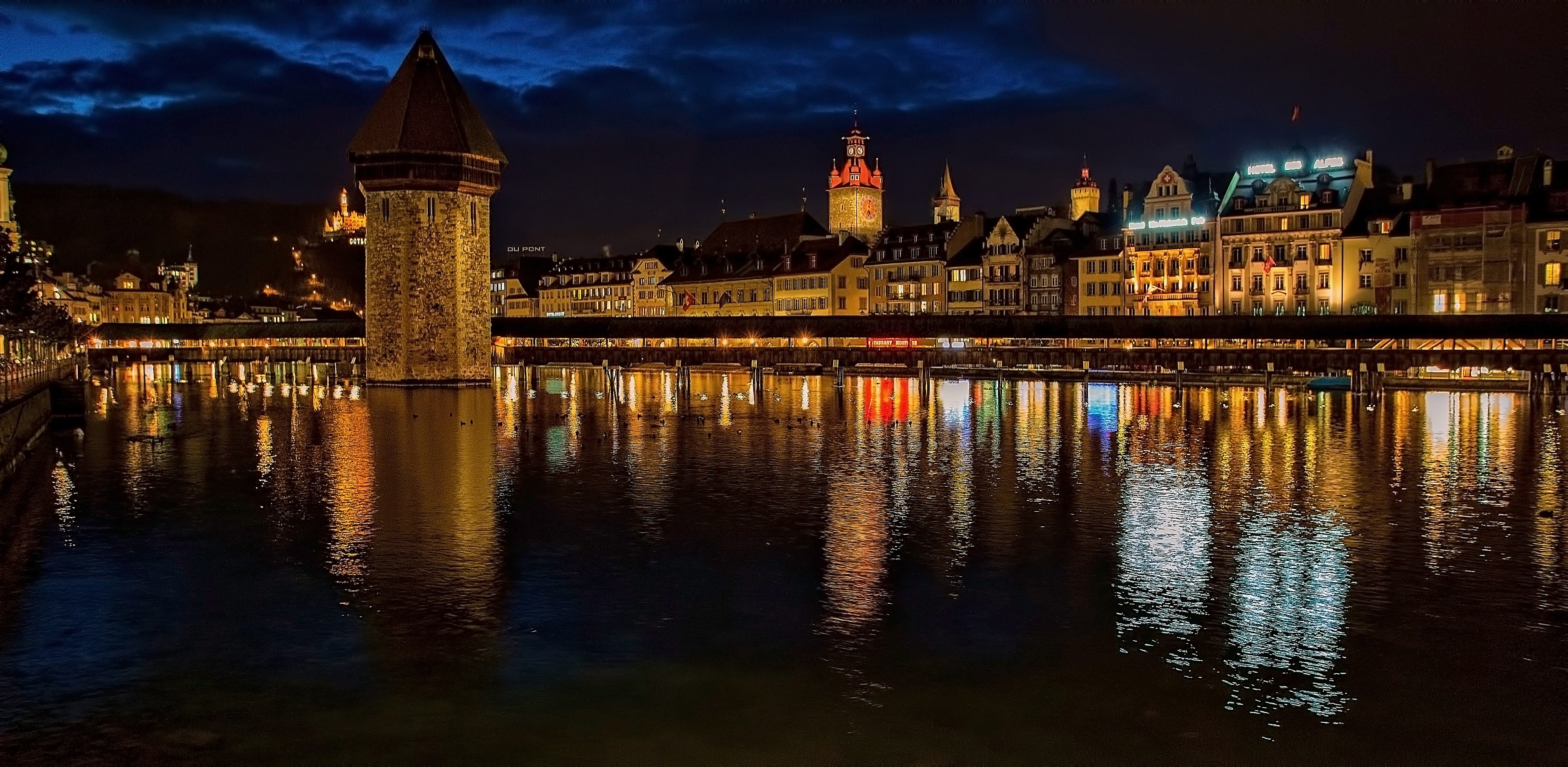 sky, 5K, houses, illuminated, bridge, nature, architecture, government, reflection, night, building, switzerland, water, cityscape, dark, skyscraper, travel destinations, HD Wallpaper