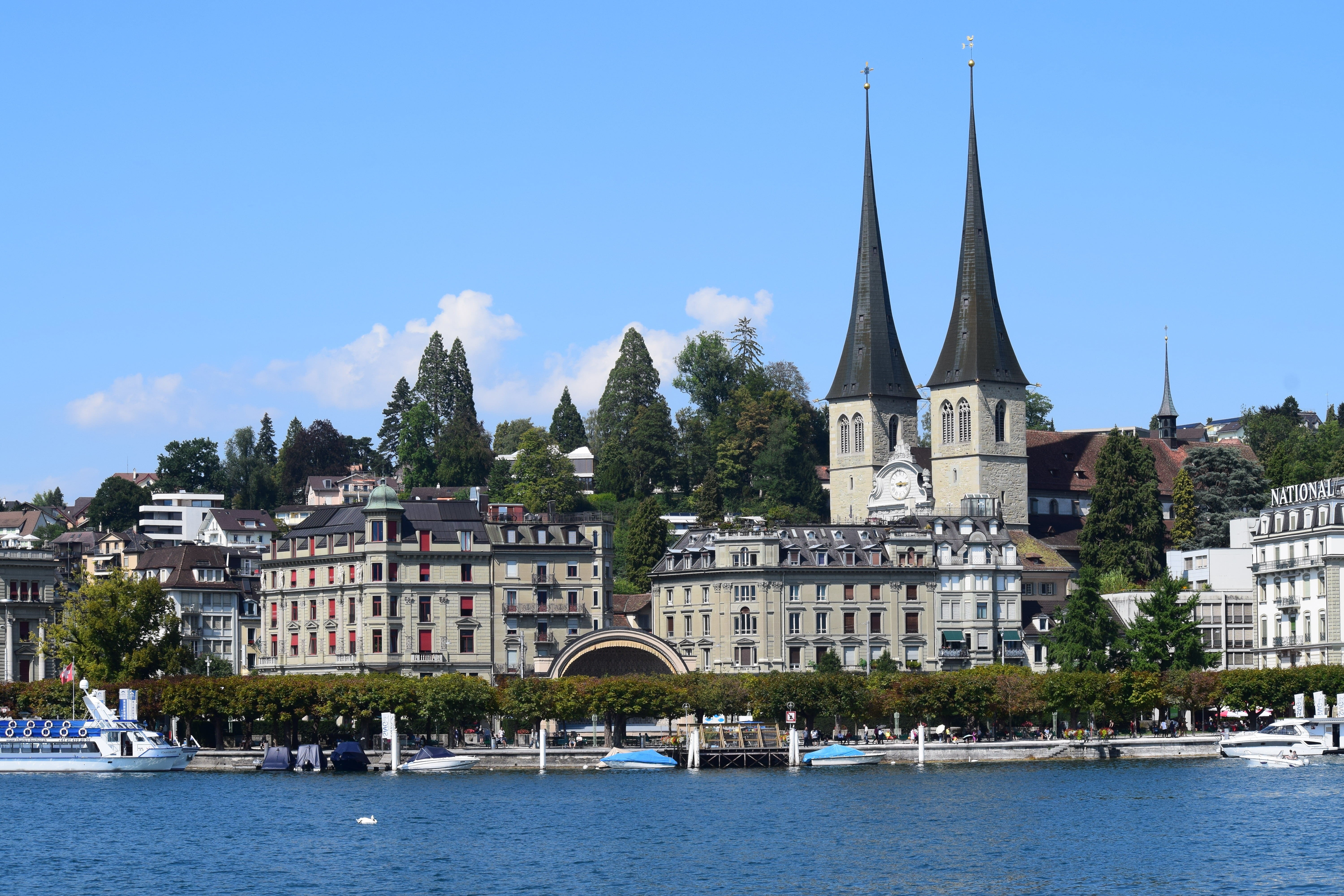 transportation, sky, tree, water, spire, no people, lake, mode of transportation, switzerland, day, luzern, building, lucerne, 5K, river, waterfront, travel destinations, HD Wallpaper