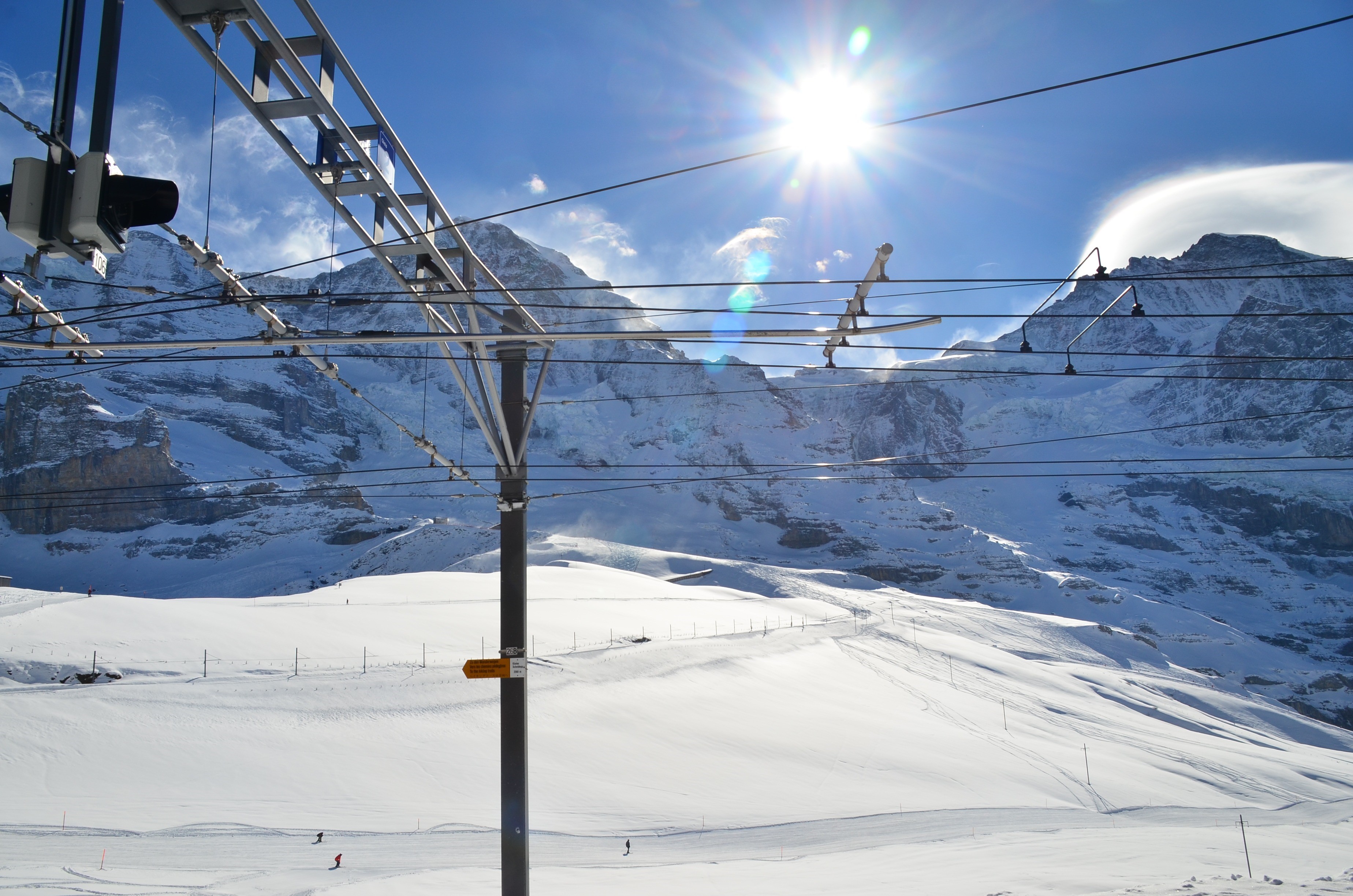 scenics - nature, winter, beauty in nature, nature, sky, ski lift, sunbeam, no people, sunlight, 2K, non-urban scene, top of mountin, snow, jungfrau, sun, HD Wallpaper