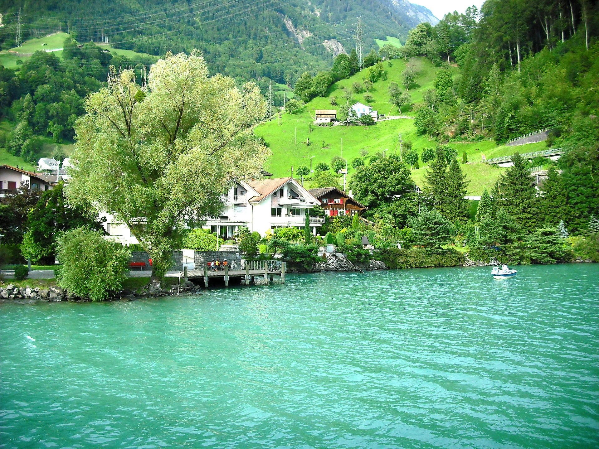 day, tranquility, tree, switzerland, waterfront, building, green, architecture, outdoors, mountain, scenery, house in mountains, 1080P, plant, building exterior, HD Wallpaper