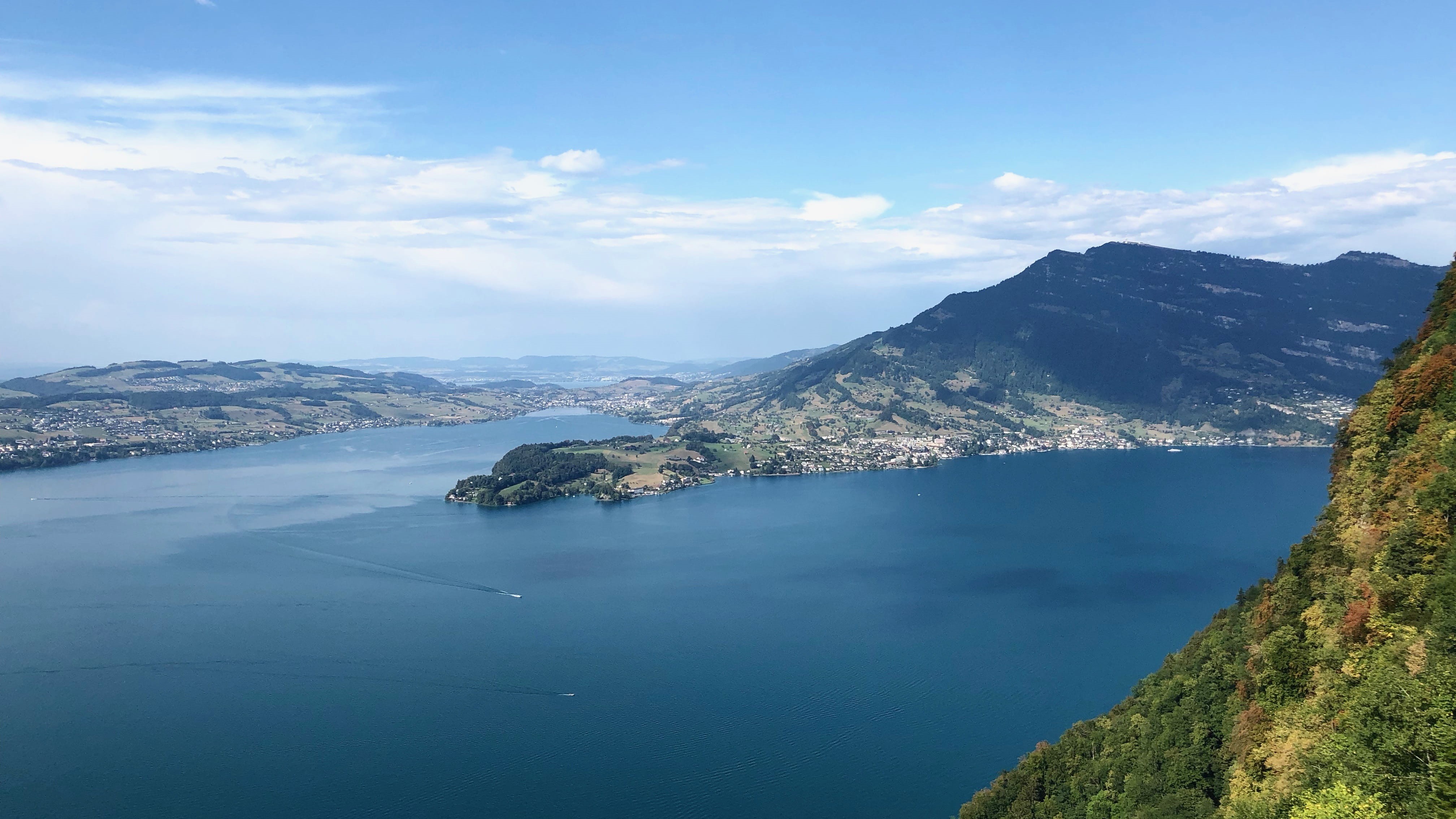 water, scenics - nature, non-urban scene, 4K, ocean, blue sky, day, view, tranquil scene, nature, lake, tranquility, peninsula, berge, idyllic, coast, HD Wallpaper