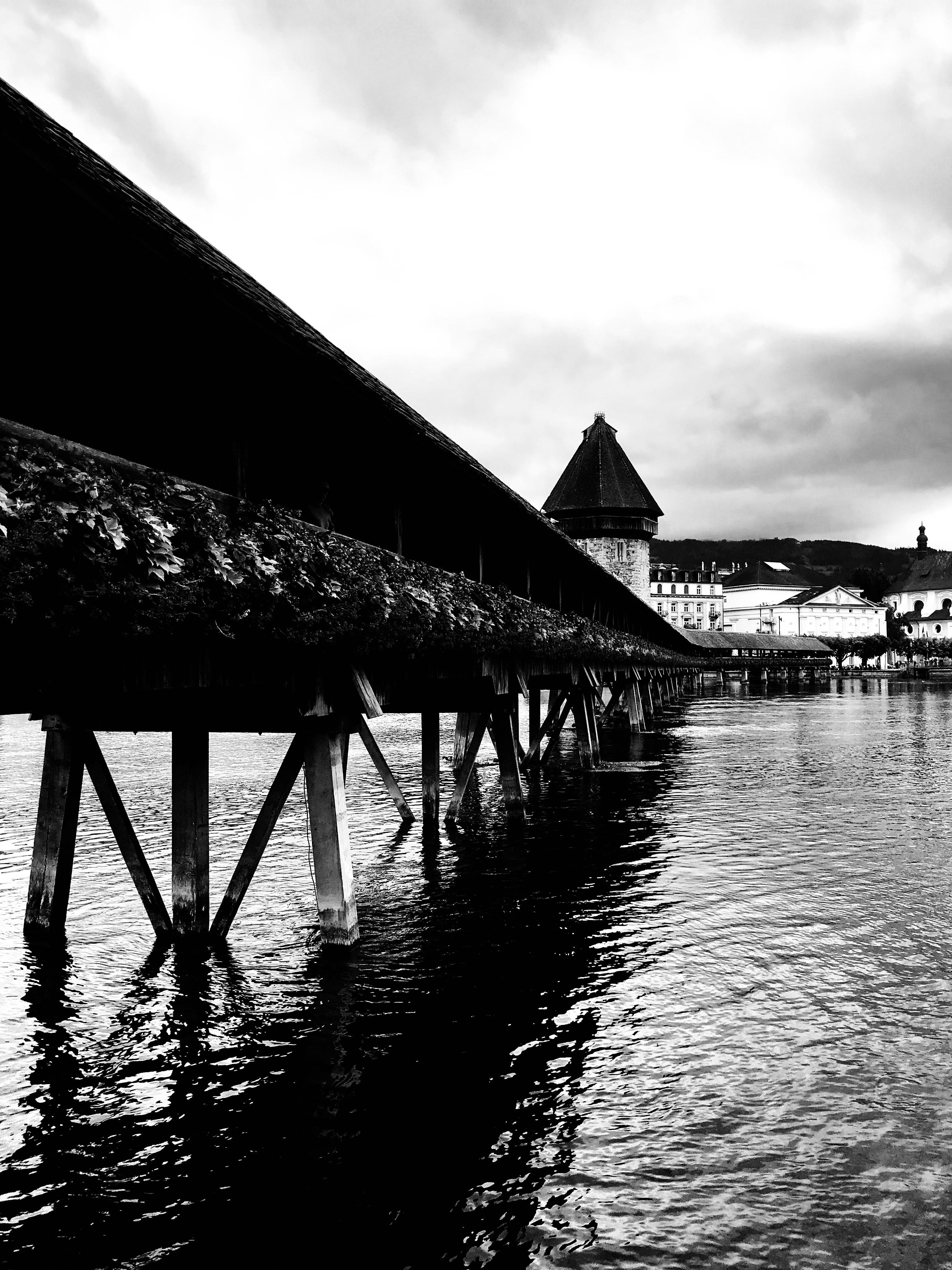 stilt, architecture, wet, built structure, pier, roof, sky, switzerland, outdoors, 4K, waterfront, kapellbrücke, nature, cloud - sky, architectural column, Phone HD Wallpaper