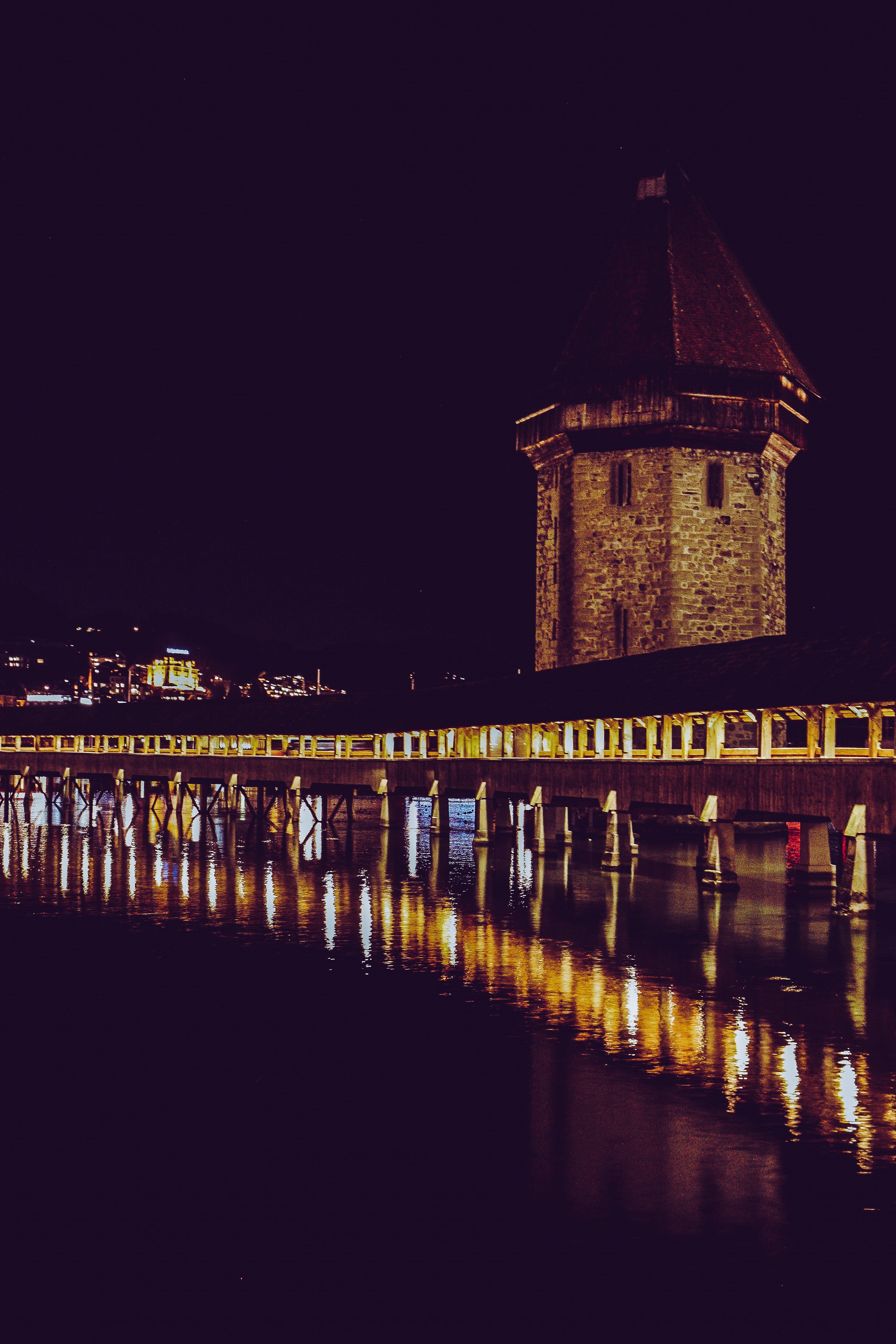 outdoors, spire, government, the past, history, connection, dock, reflection, night, steeple, lucerne, tourism, building, travel destinations, 4K, river, Phone HD Wallpaper