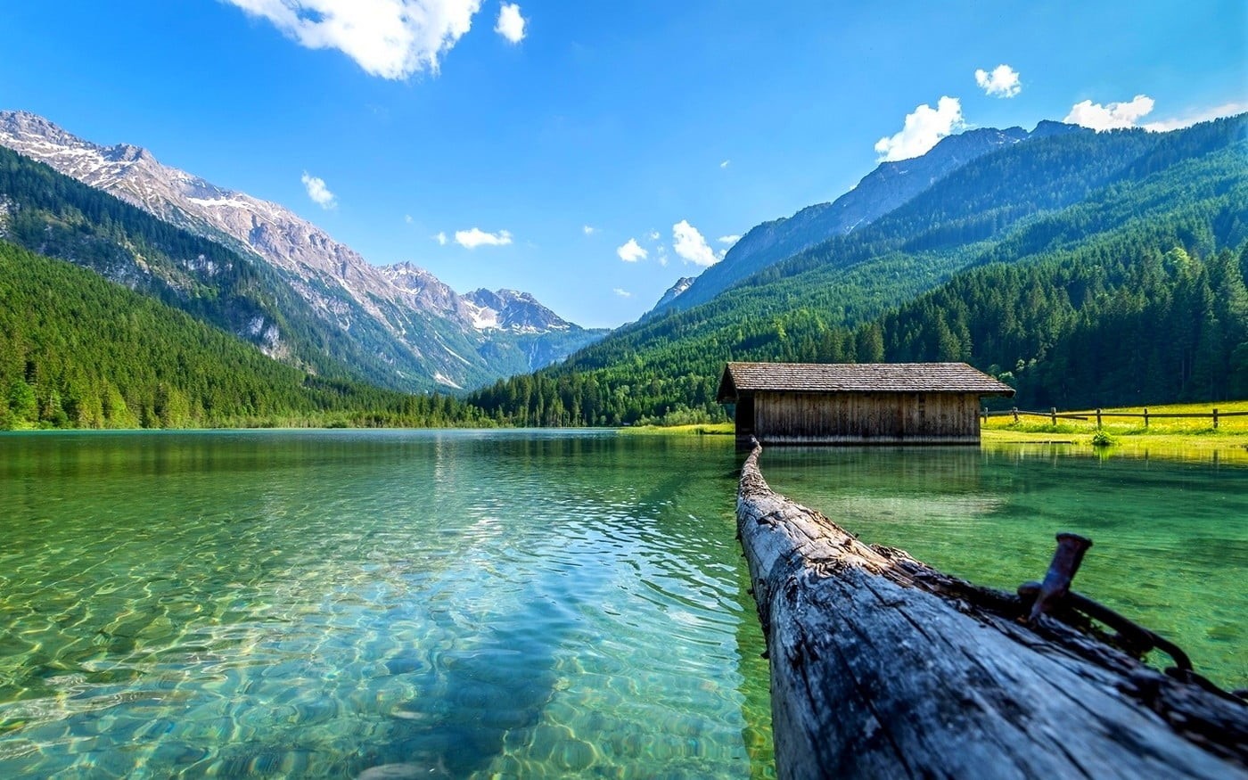 non-urban scene, day, forest, plant, nature, log, sky, tranquil scene, water, Austria, boathouses, summer, mountain, cloud - sky, idyllic, green, 720P, HD Wallpaper