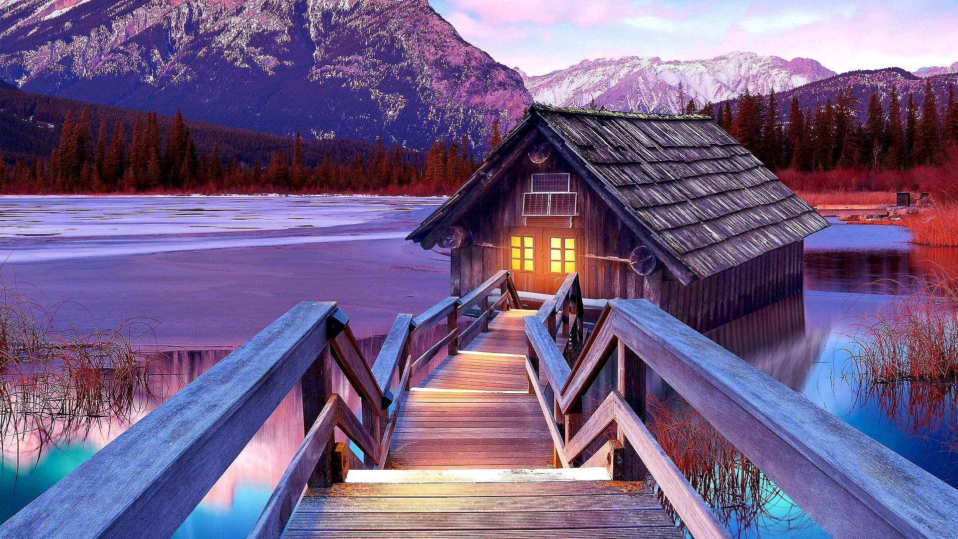 lake, mountains, 1080P, scenery, scenery nature, house, stairs, boathouse, mountain lake, HD Wallpaper