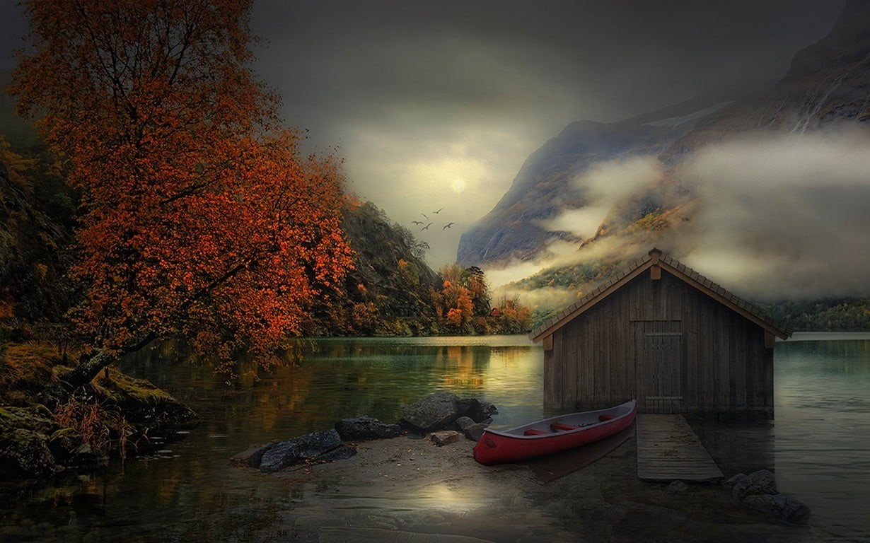 trees, 480P, reflection, white, water, birds, red, boathouses, tree, flying, landscape, tranquil scene, house, fall, mode of transportation, lake, scenics - nature, HD Wallpaper