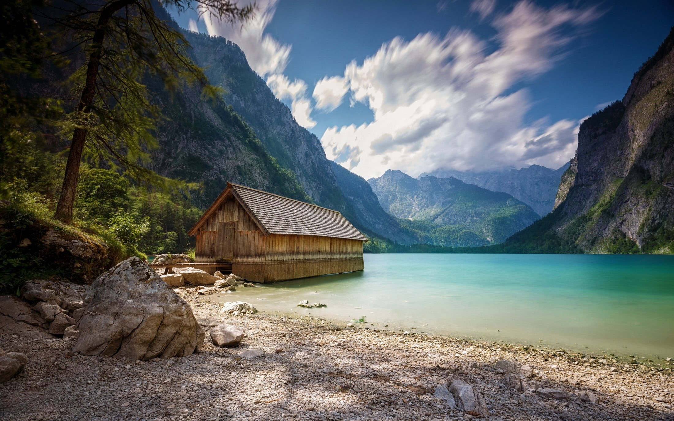 landscape, mountain range, clouds, idyllic, day, boathouses, summer, no people, built structure, Alps, brown, architecture, water, nature, cloud - sky, HD Wallpaper