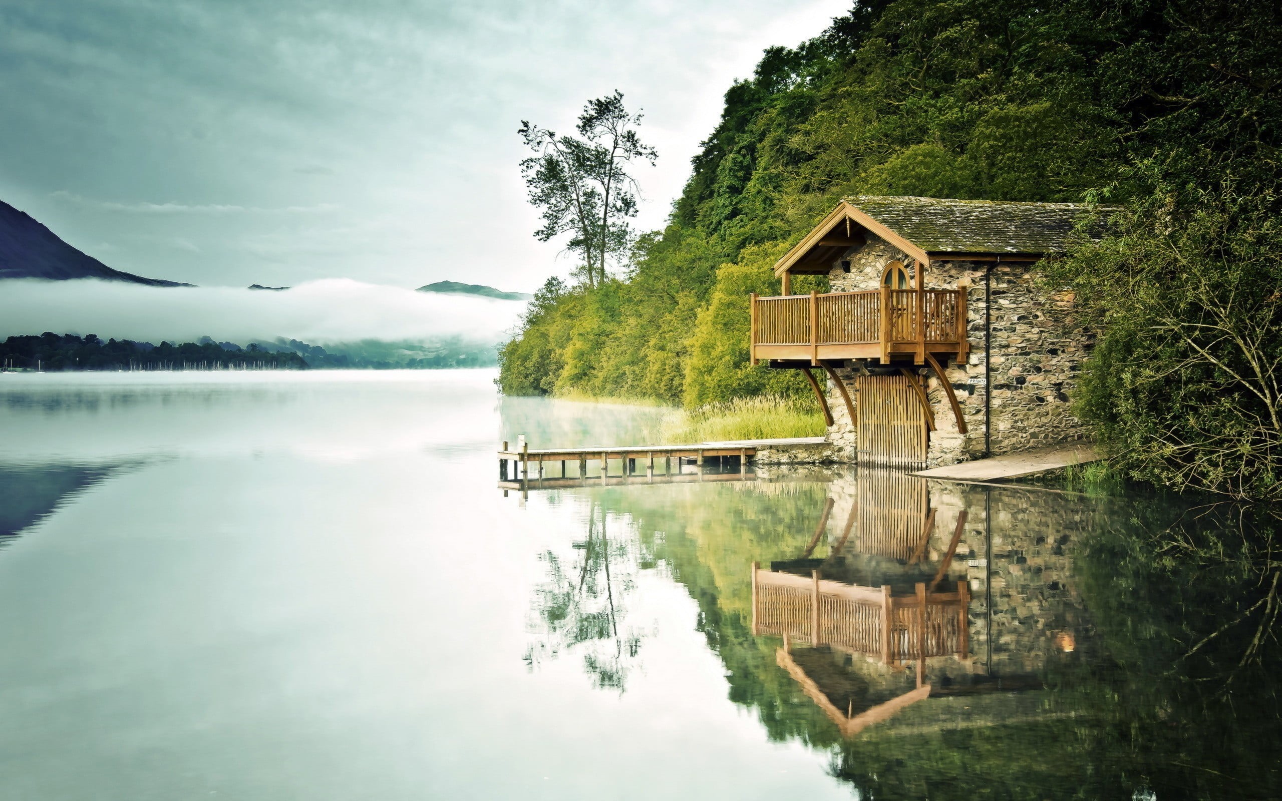 brown, built structure, mist, lake, building, sky, tranquil scene, tranquility, cottage, cloud - sky, nature, 2K, wooden, beauty in nature, tree, plant, HD Wallpaper