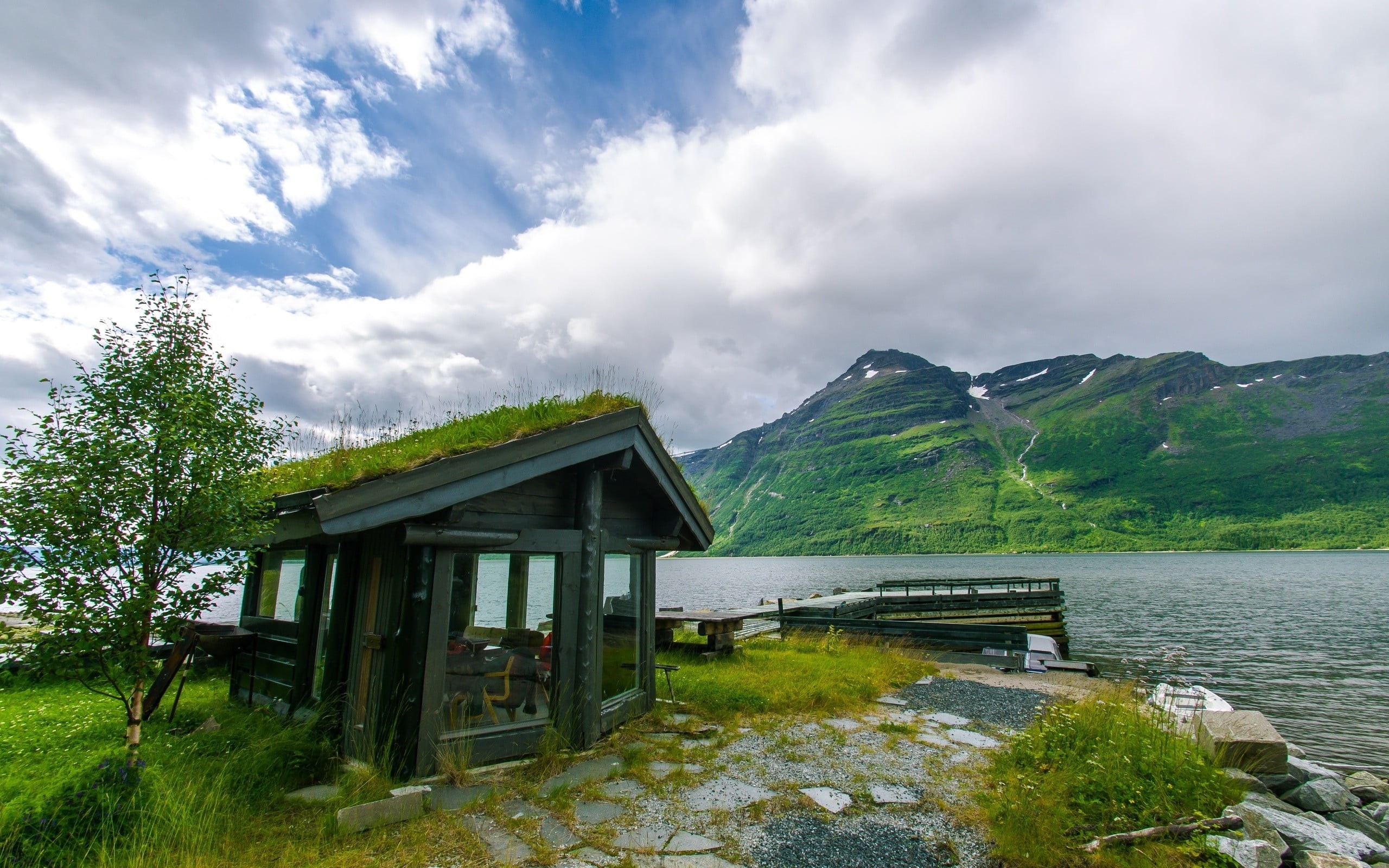 outdoors, plant, scenics - nature, brown, lake, tranquility, concrete, tree, building, non-urban scene, water, house, cloud - sky, sky, 2K, day, boathouse, HD Wallpaper