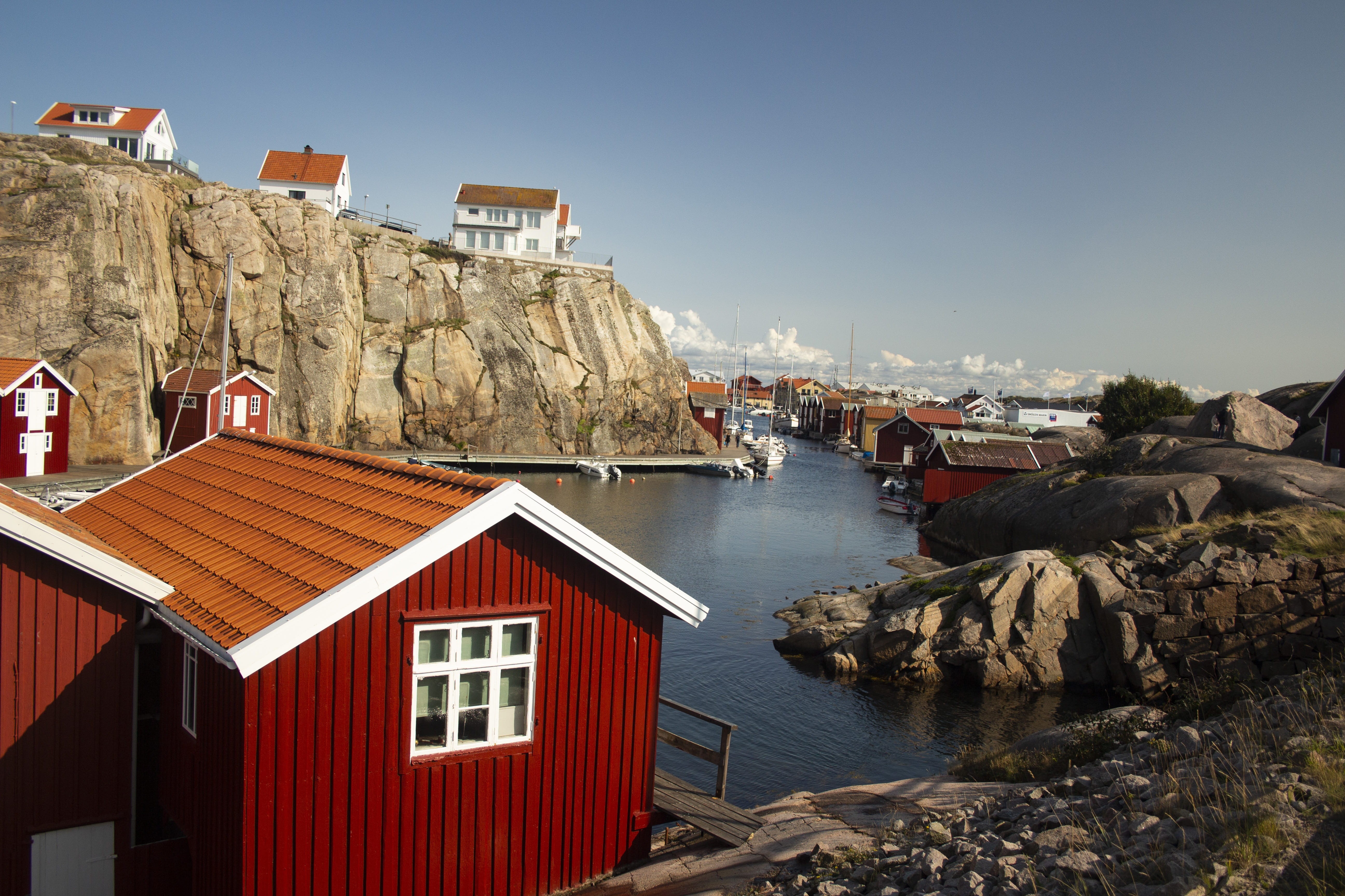 no people, west coast, house, sweden, nautical vessel, nature, building, sunlight, outdoors, bohuslän, water, clear sky, rock - object, 5K, rock, summer, HD Wallpaper