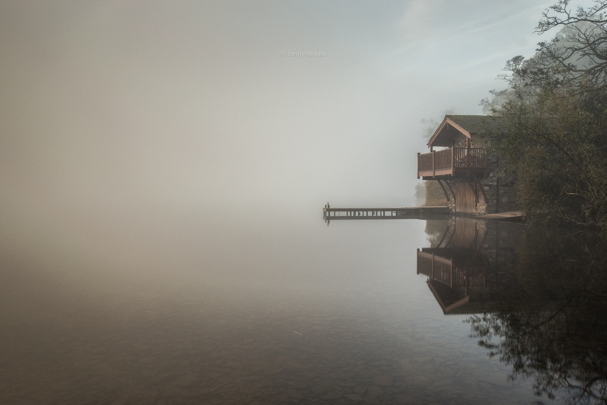 mist, calm, morning, England, lake, landscape, water, nature, 1080P, trees, boathouses, reflection, HD Wallpaper