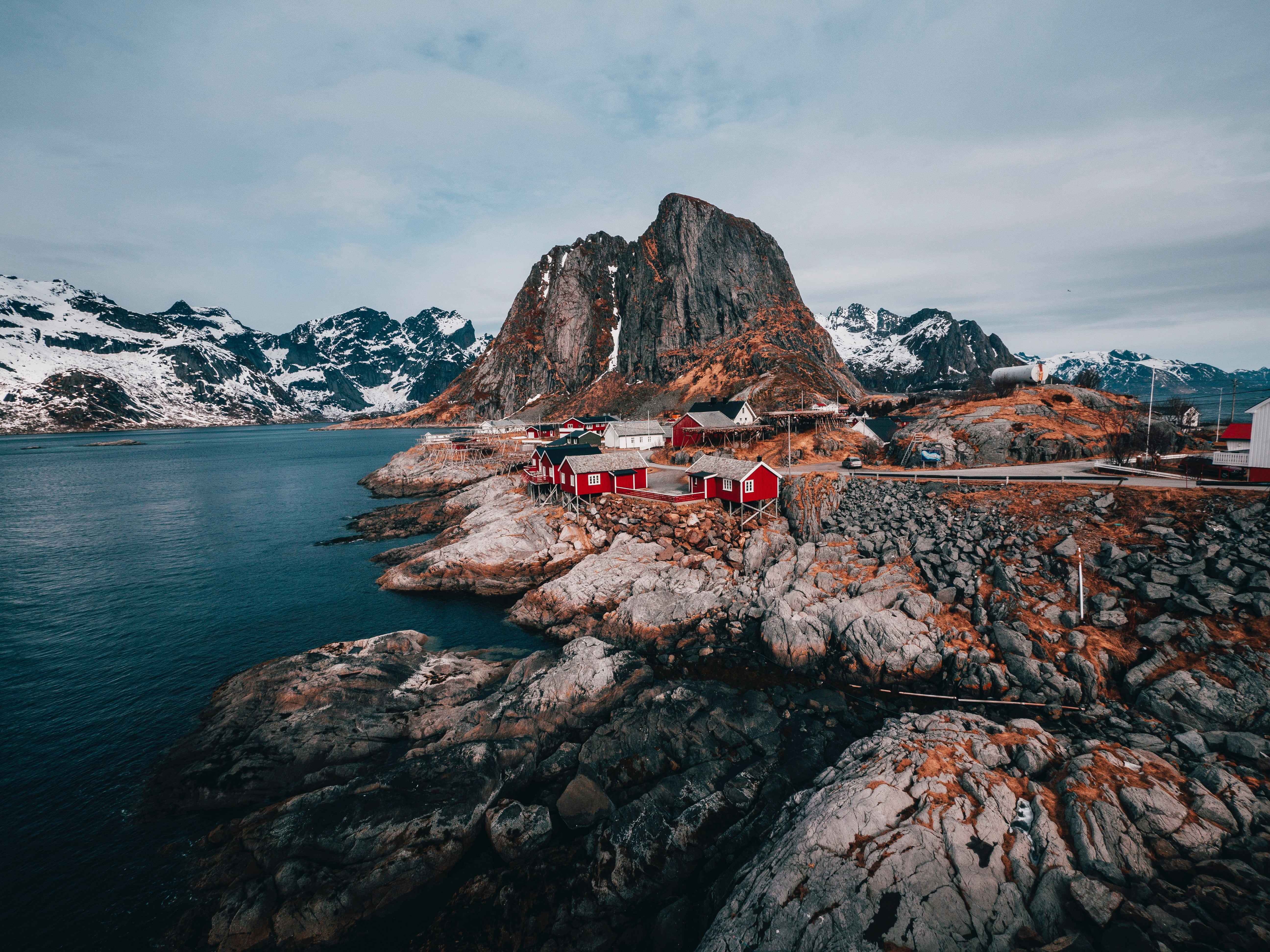 rest, water, town, winter, wooden, architecture, scenics, shed, nautical vessel, lake, rocks, mountain Range, lofoten, journey, red, no people, tourism, HD Wallpaper