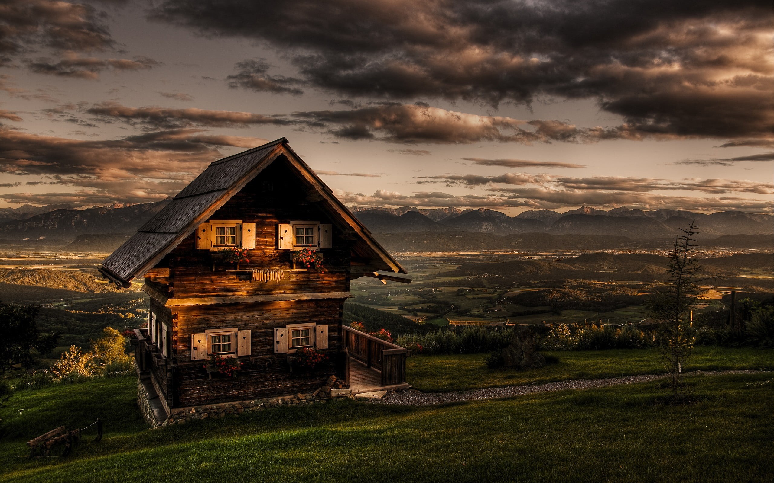 built structure, brown, sky, 2K, environment, hills, building, architecture, tranquil scene, building exterior, grass, house, non-urban scene, sunset, HD Wallpaper