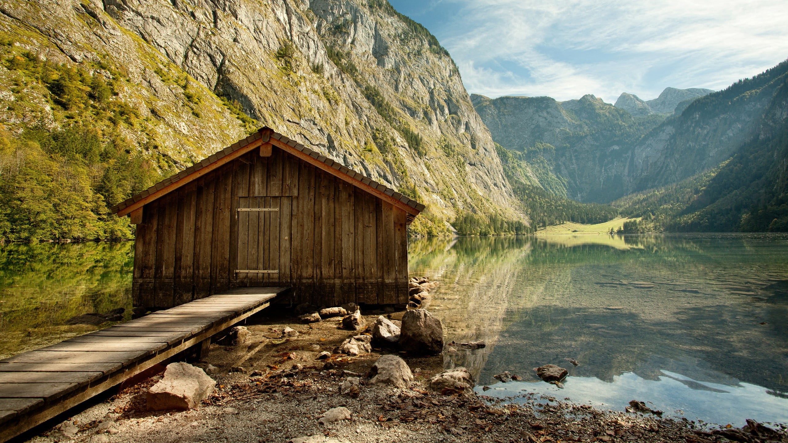 wood - material, beauty in nature, lake, no people, cabin, water, shed, 2K, solid, wooden, rock, nature, obersee, tranquility, architecture, non-urban scene, HD Wallpaper