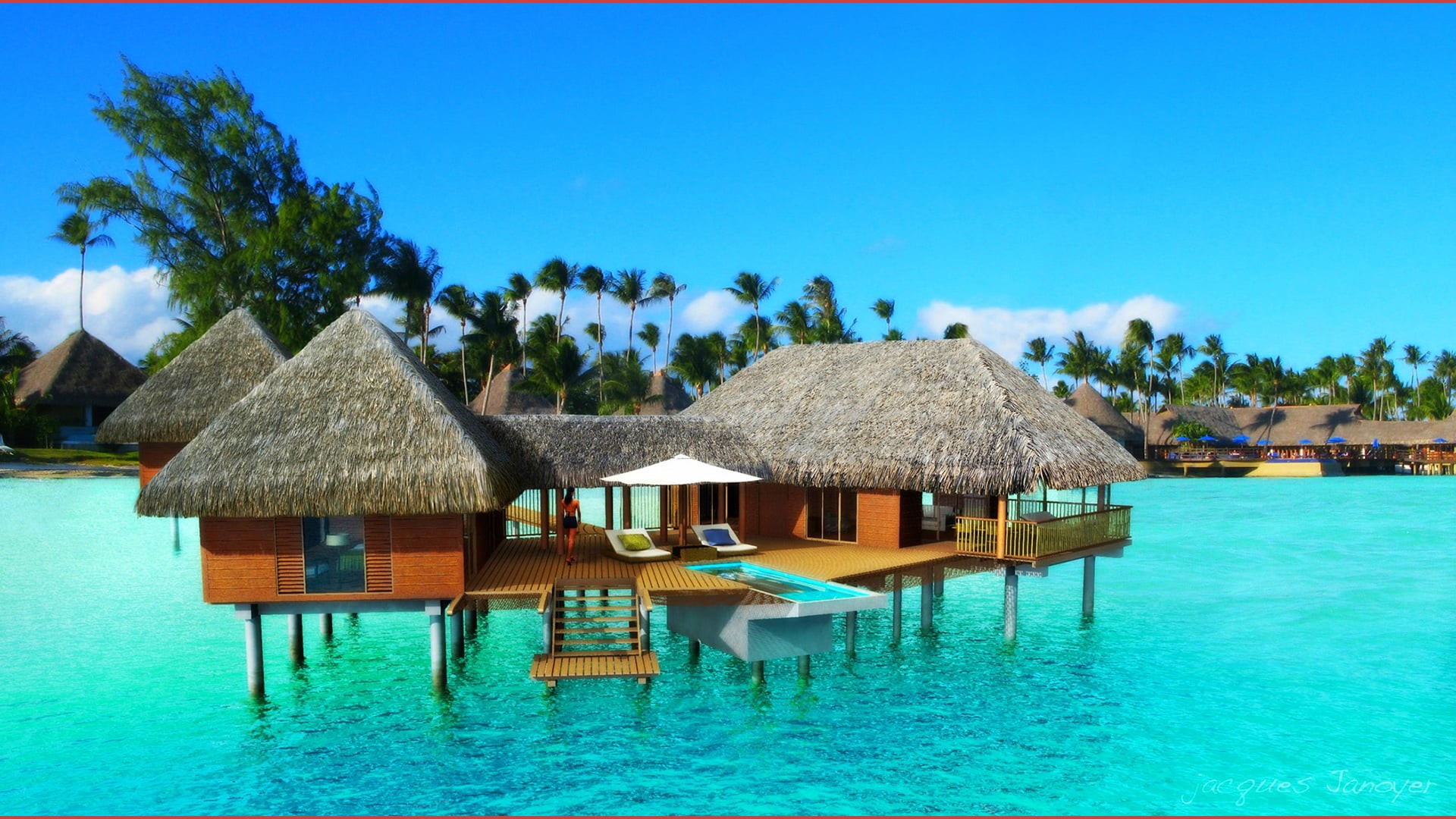 outdoors, clear sky, sky, blue, resort, structure, travel, built structure, thatch, landscape, nature, boathouse, sea, outbuilding, tourism, water, wood, HD Wallpaper
