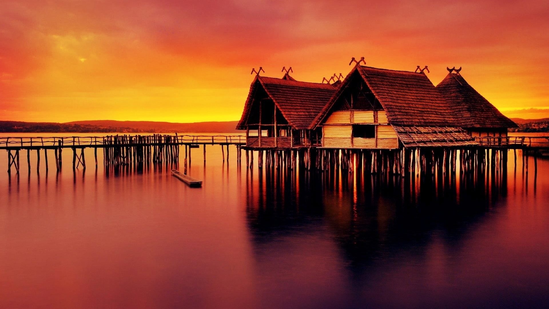city, device, cloud - sky, boathouse, architecture, sunset, sky, scenics - nature, no people, building exterior, river, 1080P, house, built structure, HD Wallpaper