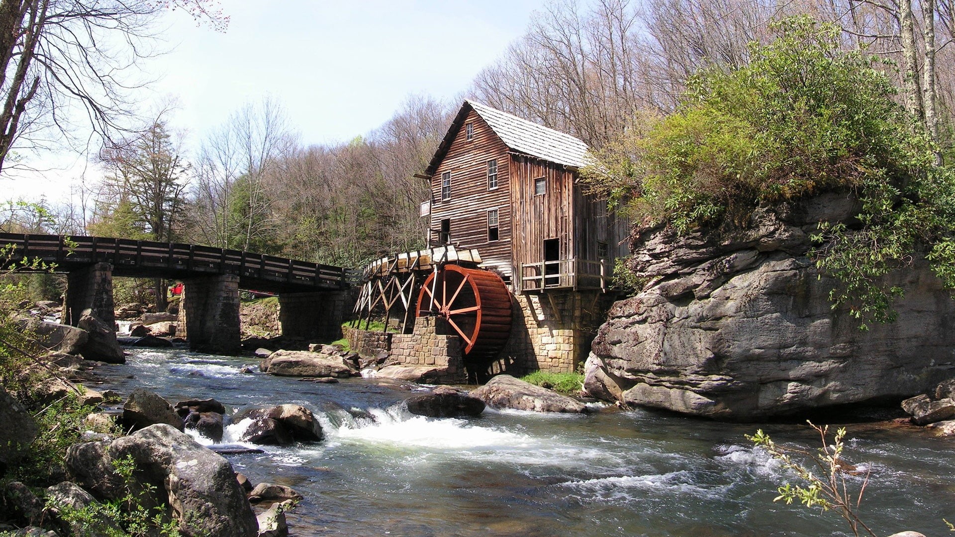 day, outbuilding, bridge, village, hovel, bridge - man made structure, waterfront, forest, river, motion, home, park, nature, house, 1080P, built structure, HD Wallpaper