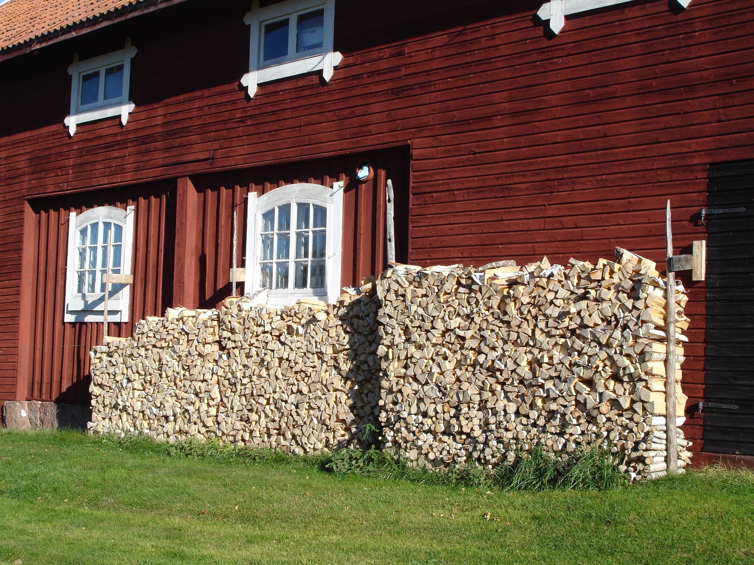 the valleys, field, summer, sweden, plant, vedtravar, nature, woodpile, large group of objects, 2K, brick, architecture, outbuilding, wood, building exterior, HD Wallpaper