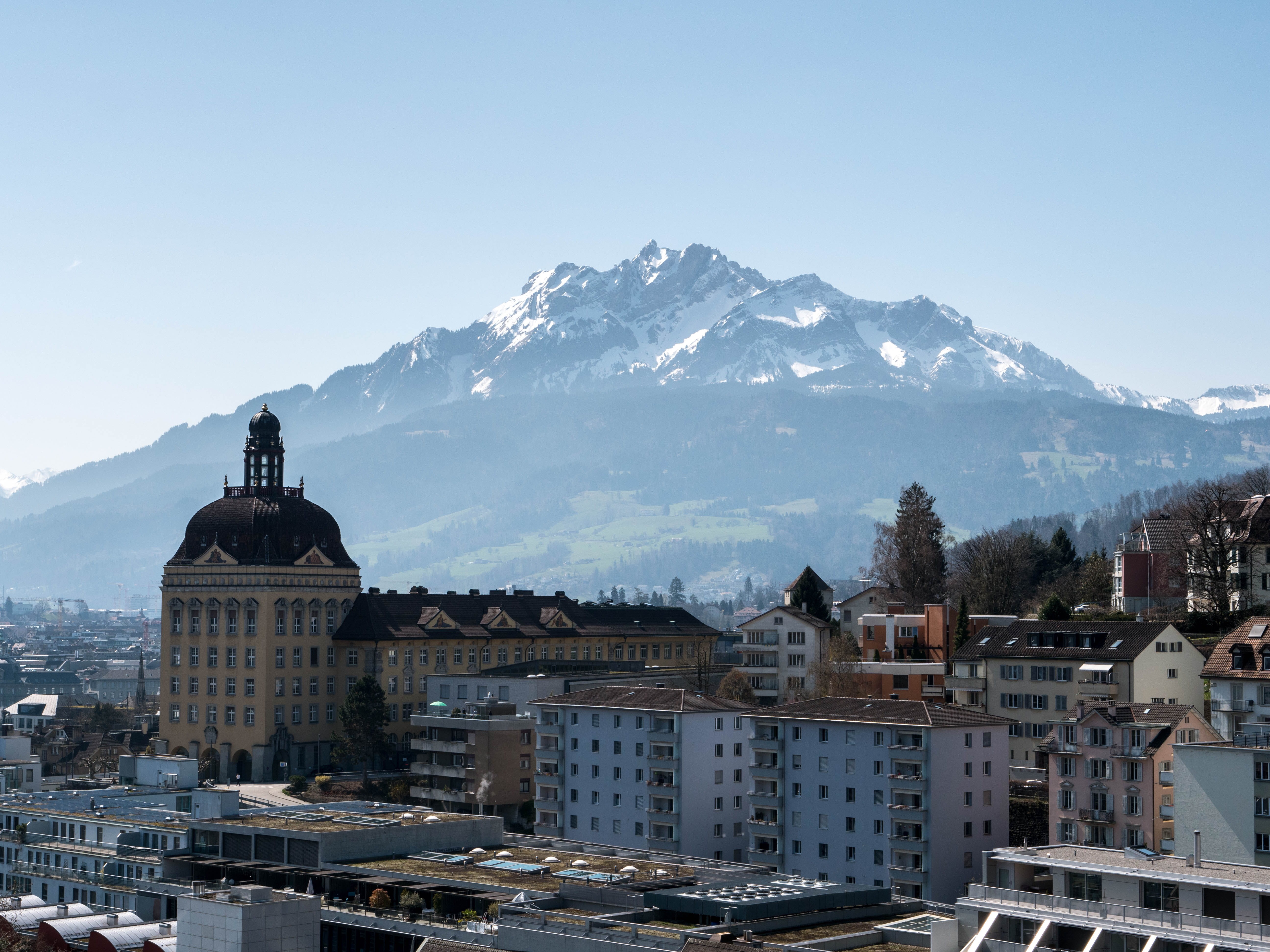beauty in nature, building, pilatus, lucerne, mountain range, sky, mountain, switzerland, outdoors, built structure, scenics - nature, snowcapped mountain, HD Wallpaper