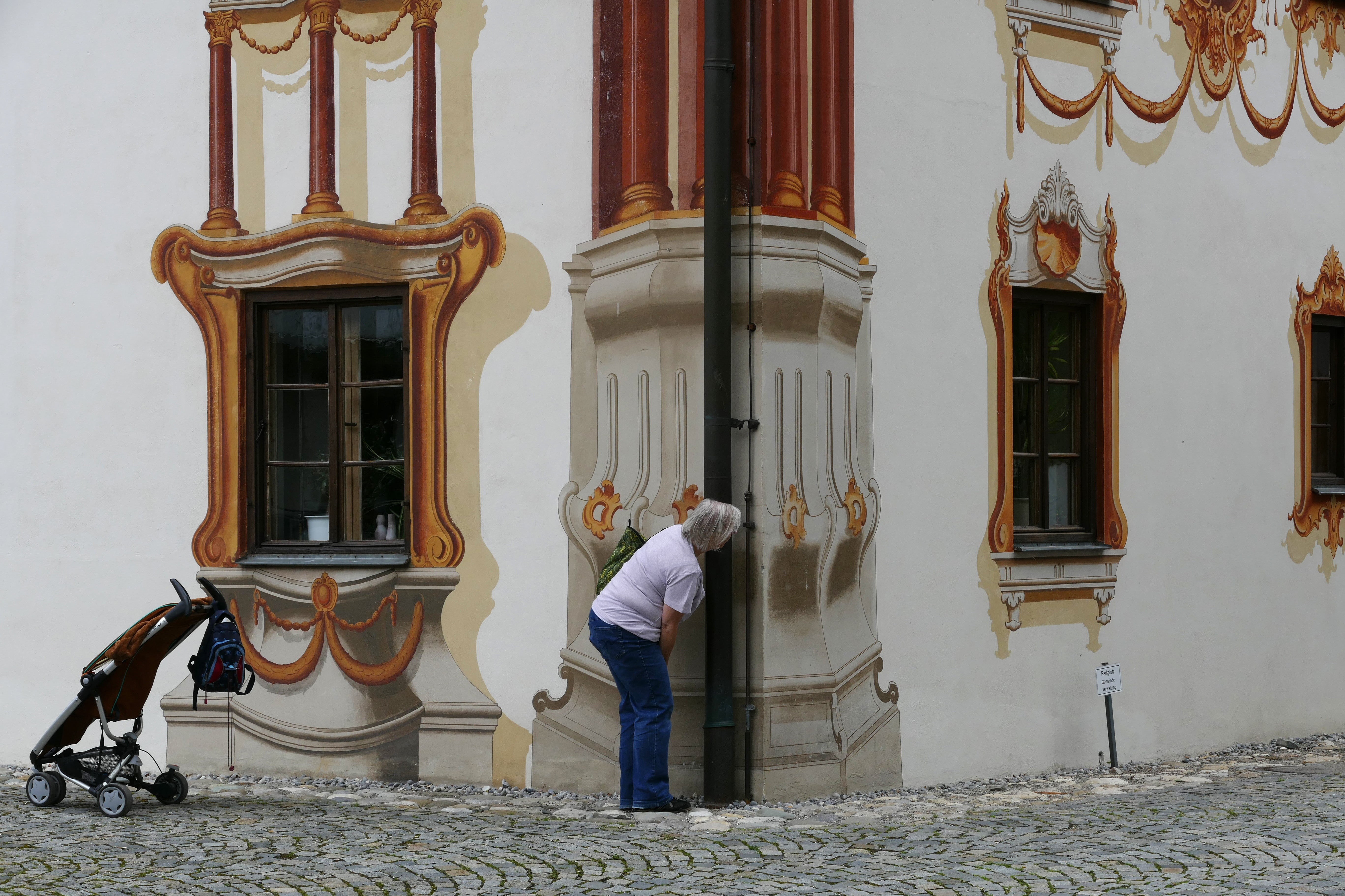art form, trompe-lœil, one person, slip painting, building exterior, building, rear view, baby carriage, woman, buggy, austrian, adult, street, leisure activity, HD Wallpaper