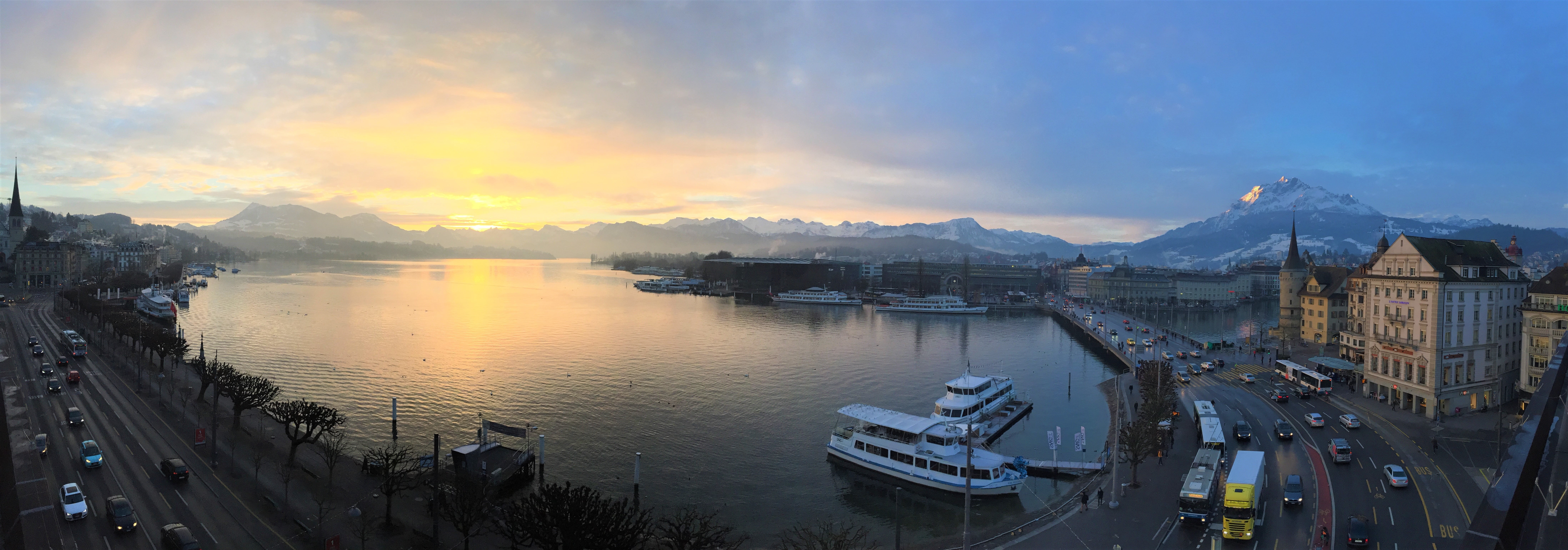 transportation, mountain, outdoors, built structure, 8K, lucerne, photography, pilatus, high angle view, sky, sunset, body, building exterior, cityscape, HD Wallpaper