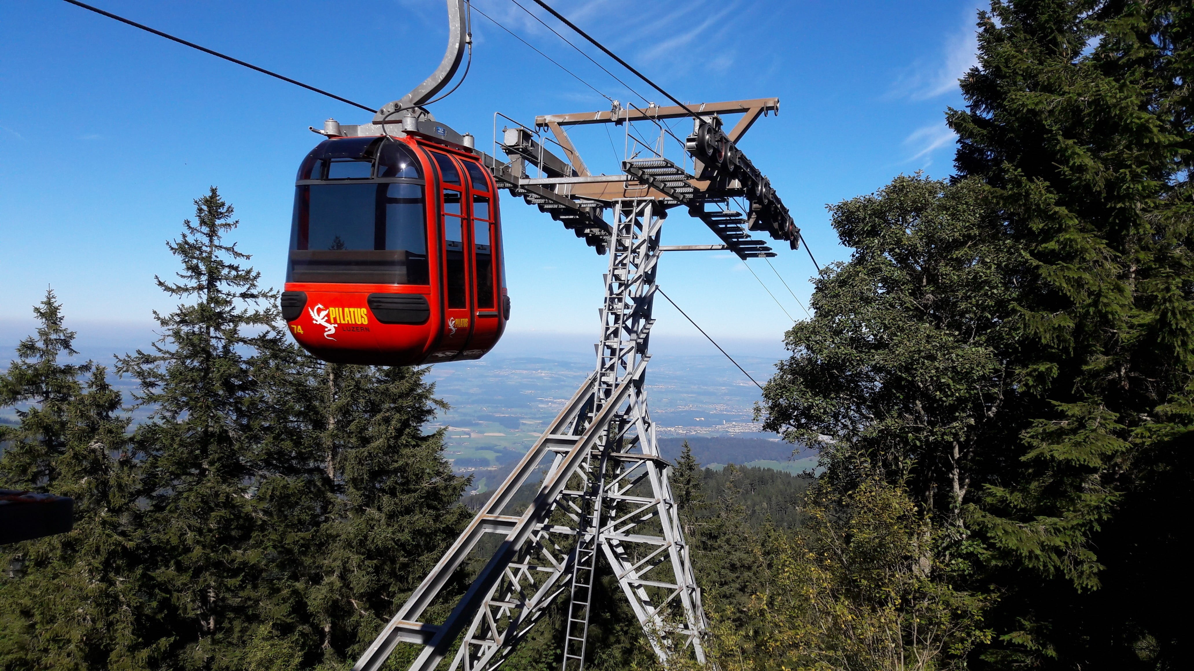 cable car, no people, red, pilatus, hanging, connection, day, water, sky, switzerland, mode of transportation, 4K, architecture, plant, built structure, HD Wallpaper