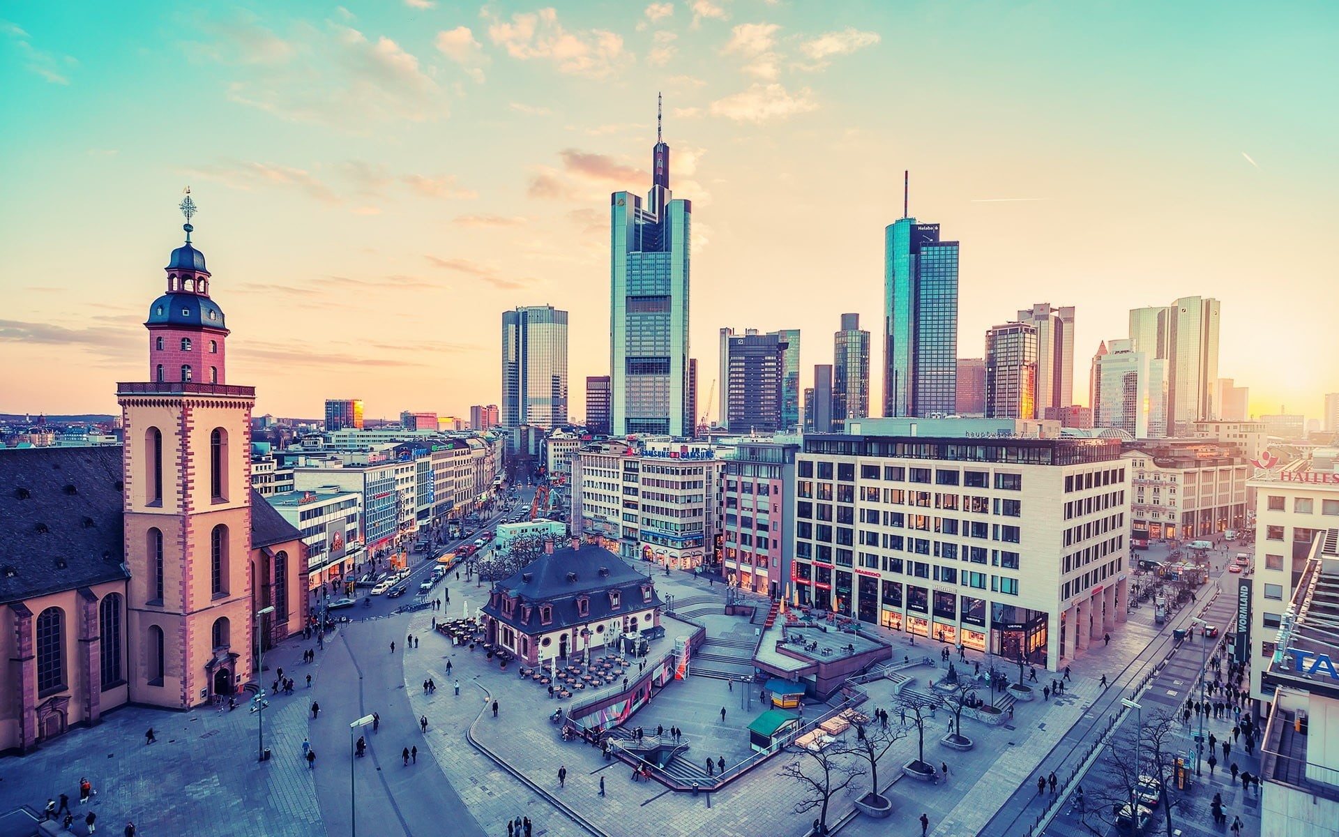 architecture, concrete, building exterior, travel destinations, financial district, modern, urban skyline, nature, 1080P, sky, Frankfurt, office, city, HD Wallpaper