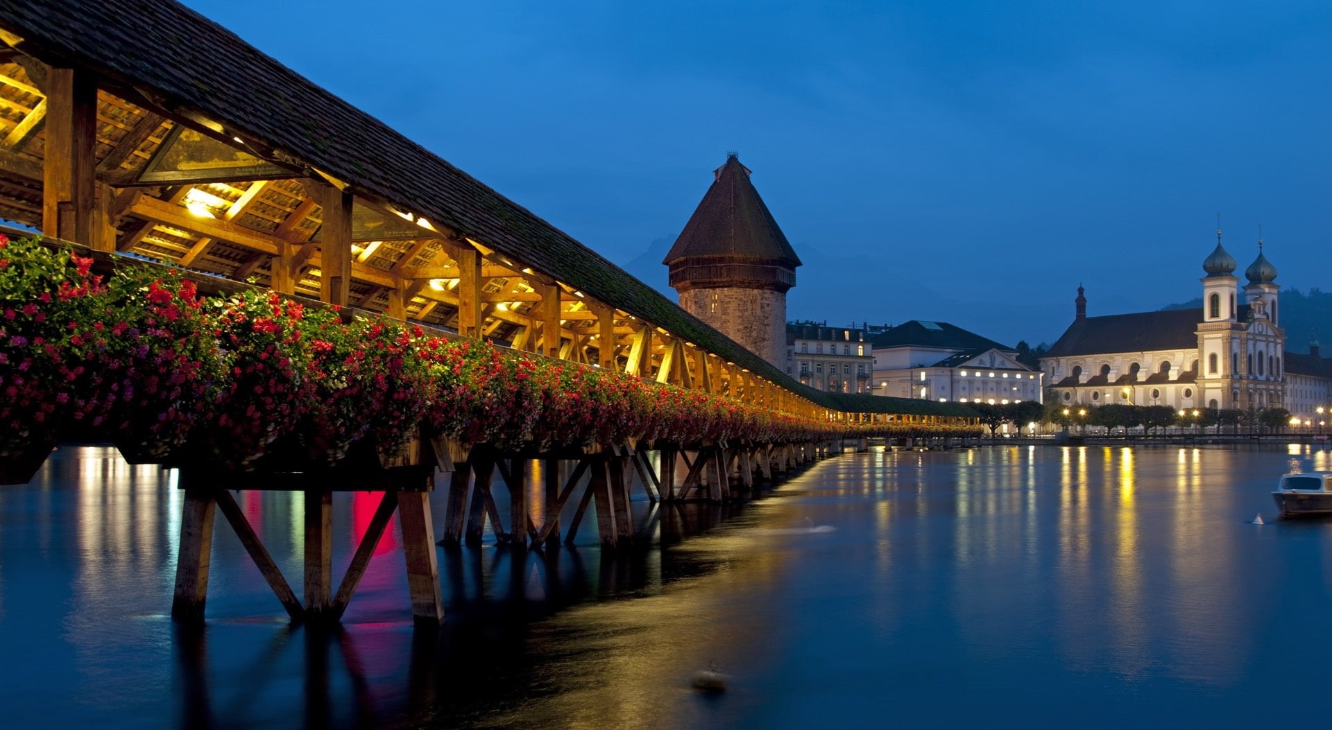 rise, travel destinations, waterfront, sky, built structure, no people, purple, 1080P, night, white, river, water, nature, Europe, outdoors, flower, bridge, HD Wallpaper
