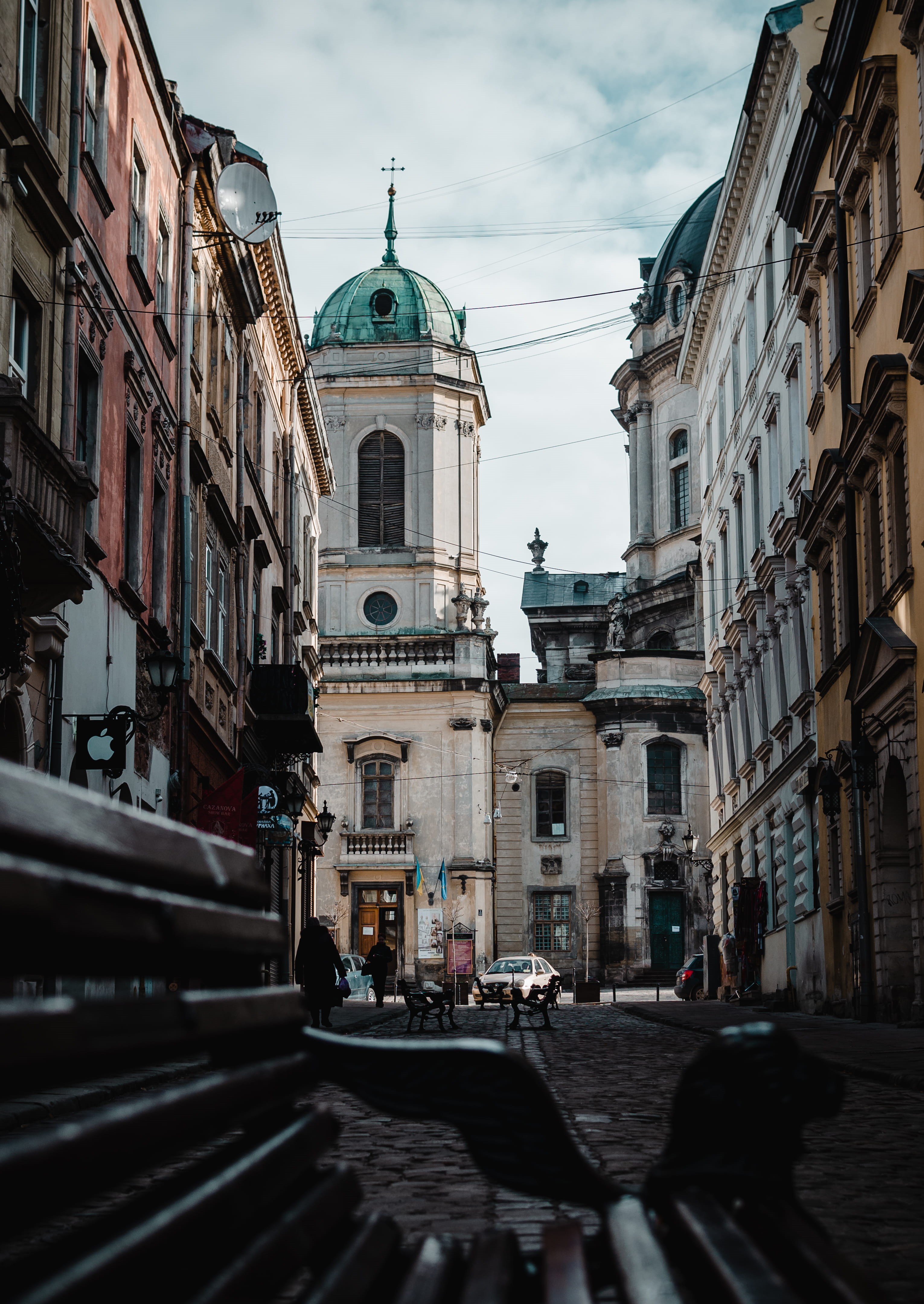 clock tower, car, black, building, travel, tower, nature, sky, path, mode of transportation, urban, spire, bench, lviv, human, outdoors, downtown, person, Phone HD Wallpaper