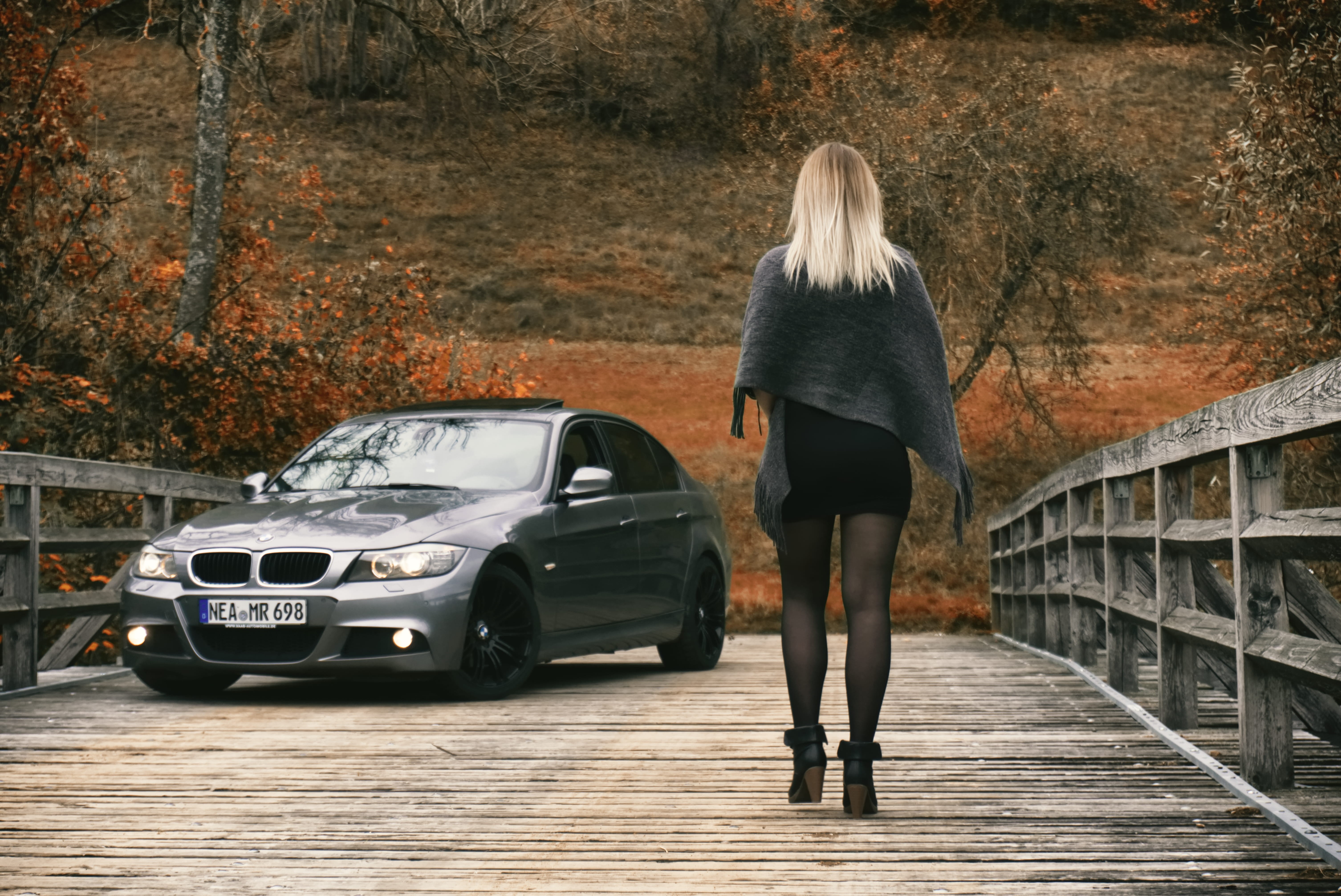 car, day, high heel, rear view, real people, distant, adult, sedan, hairstyle, gray, woman, fashion, transportation, one person, casual clothing, bridge, HD Wallpaper