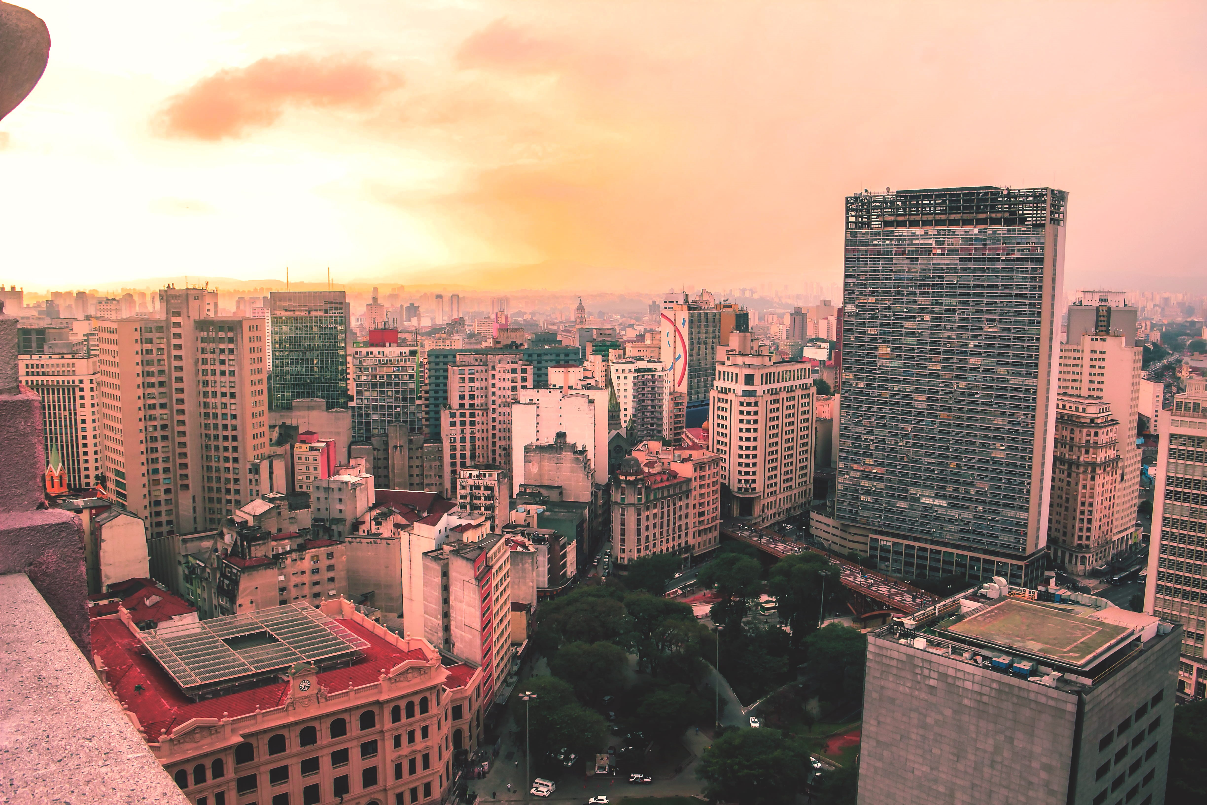 downtown, building exterior, tall - high, built structure, sunset, high angle view, saopaulo, financial district, office building exterior, city, apartment, HD Wallpaper