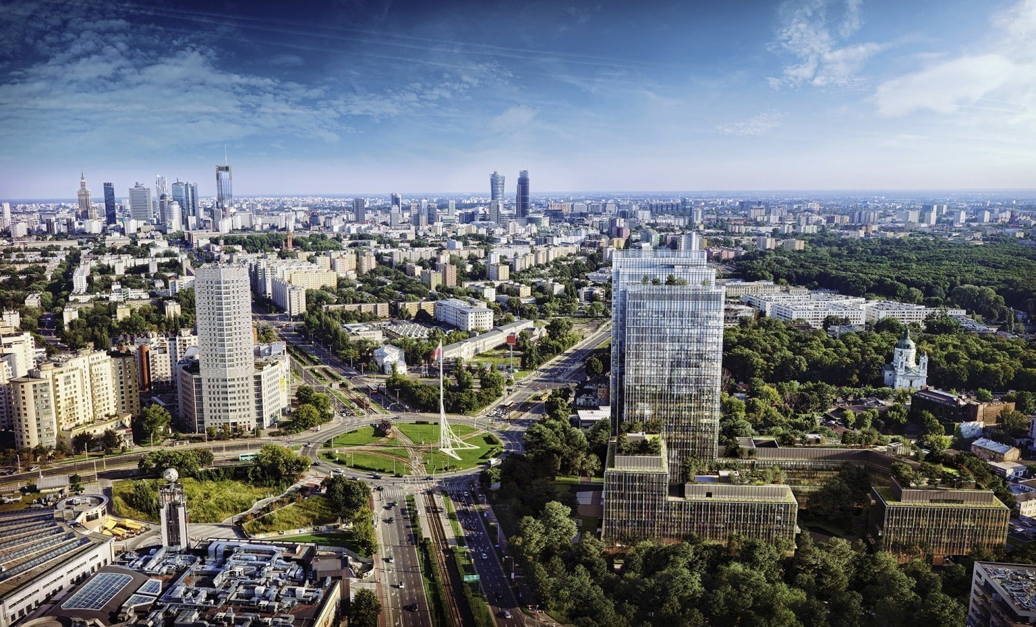 building exterior, building, tall - high, built structure, residential district, 720P, skyscraper, modern, tree, Warsaw, plant, city life, cityscape, skyline, HD Wallpaper