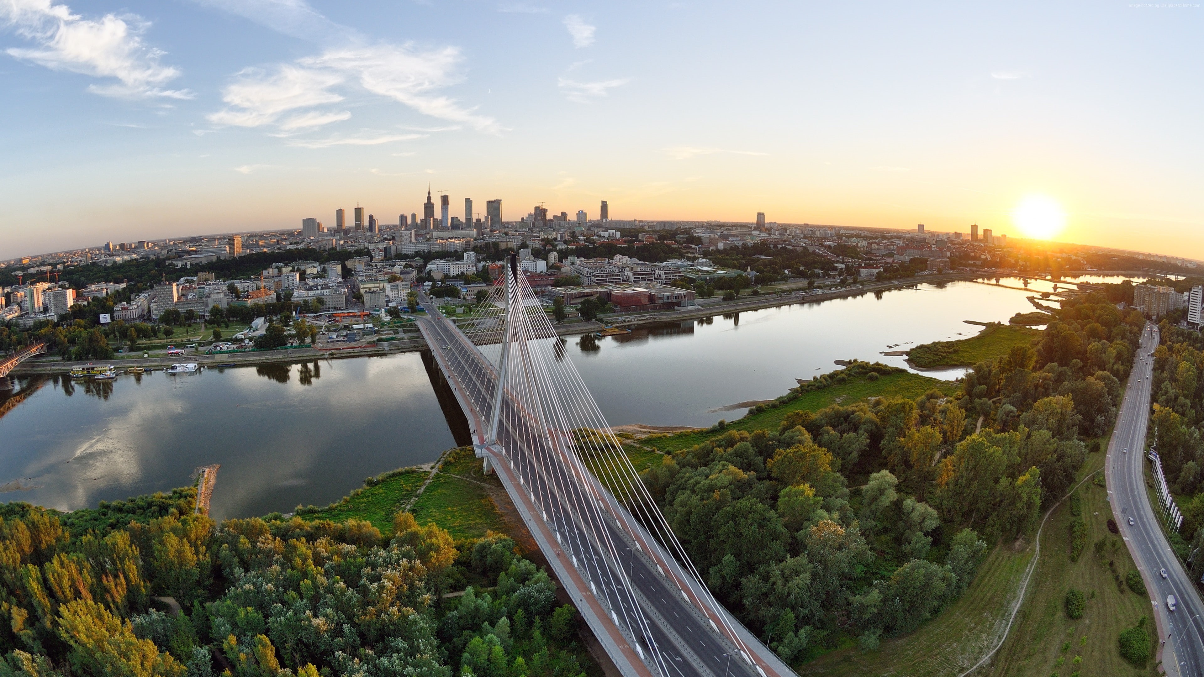 bridge, 4k, river, Poland, 4K, Warsaw, Vistula, trees, 5k, sunset, HD Wallpaper