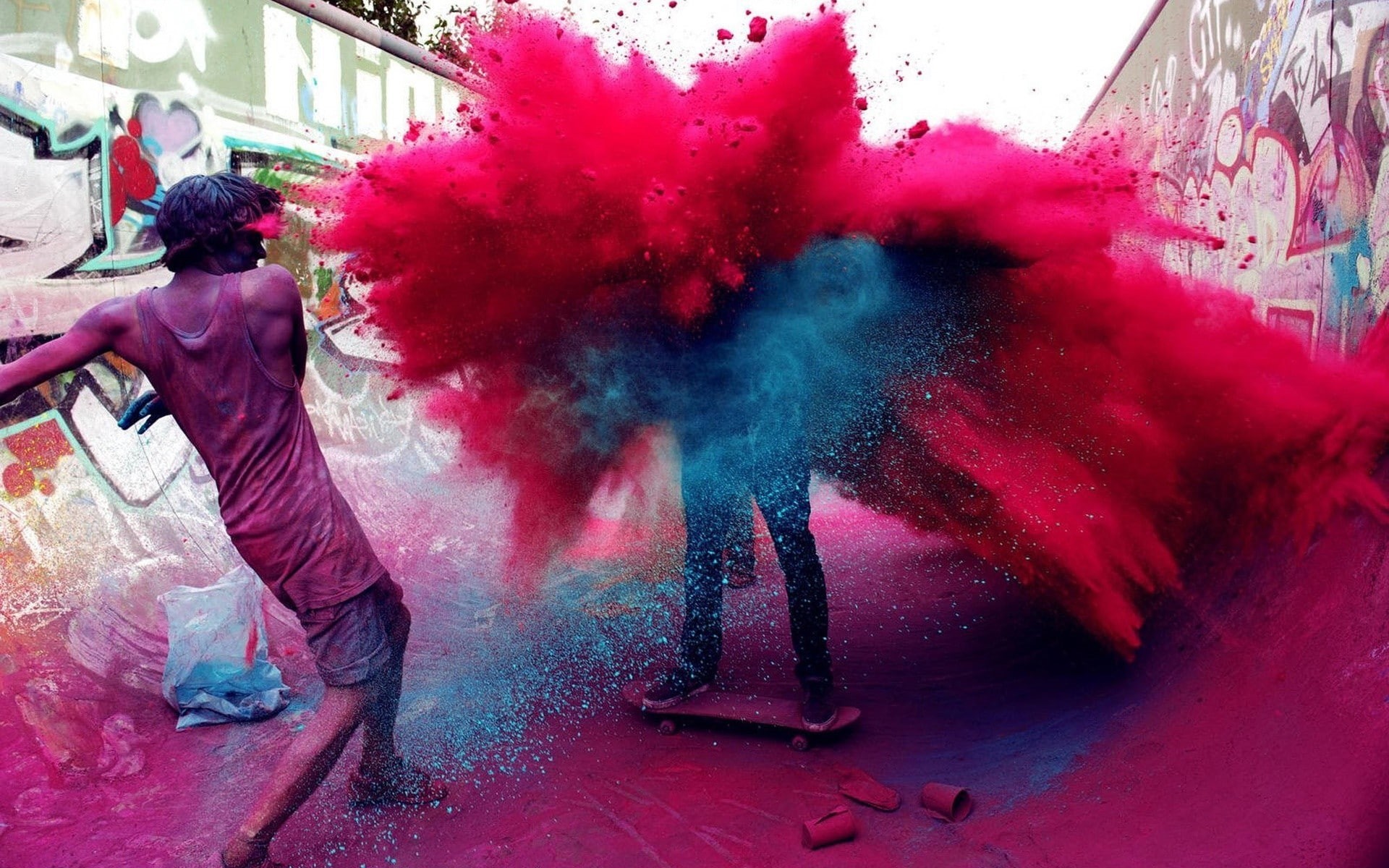 people, colorful, skates, skateboard, painting, India, culture, skateboarding, Holi, 1080P, HD Wallpaper