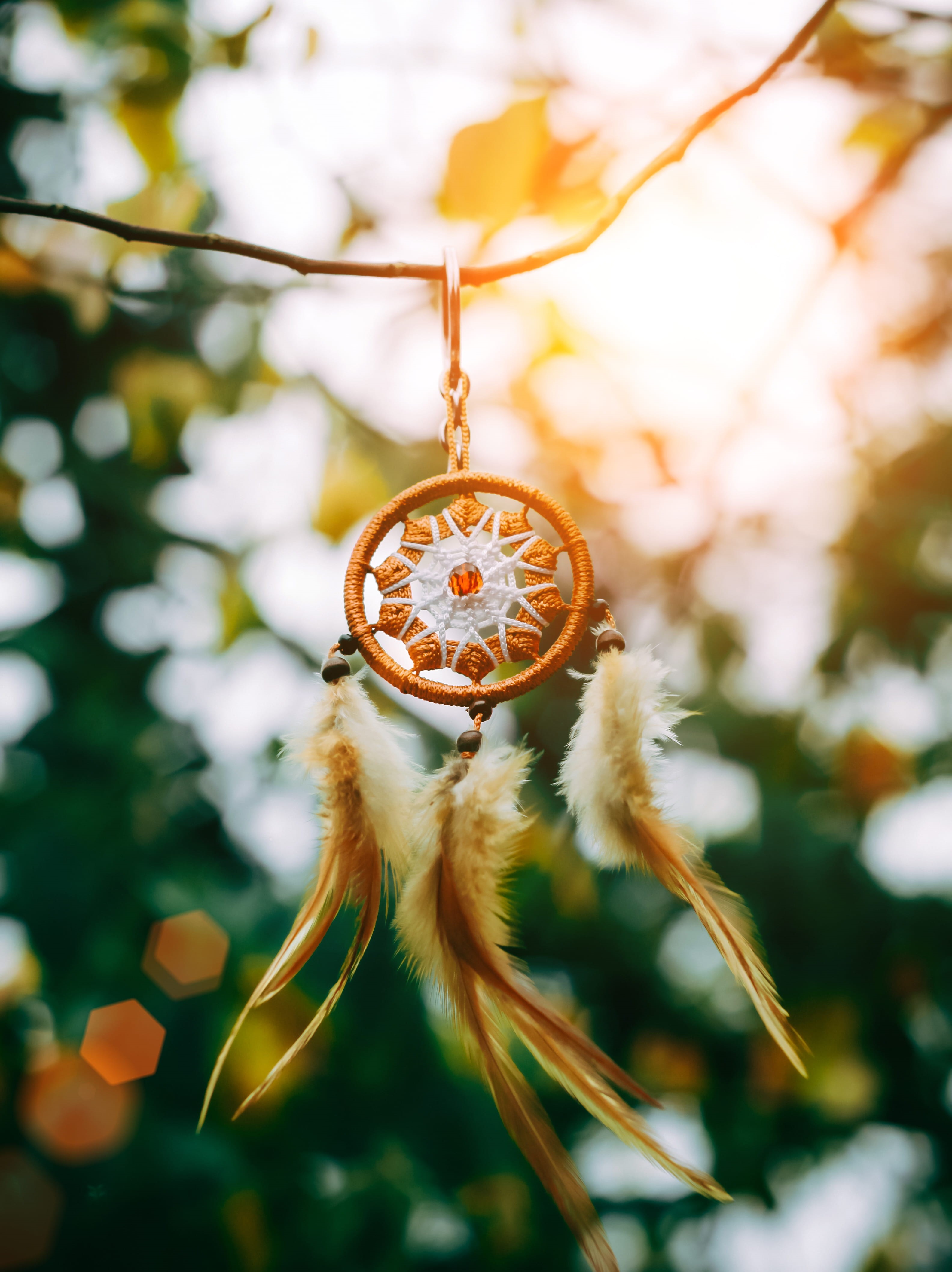 selective, religious equipment, focus on foreground, feathers, wooden, light, sun, flowering plant, christmas ornament, bokeh, gold colored, art and craft, Phone HD Wallpaper