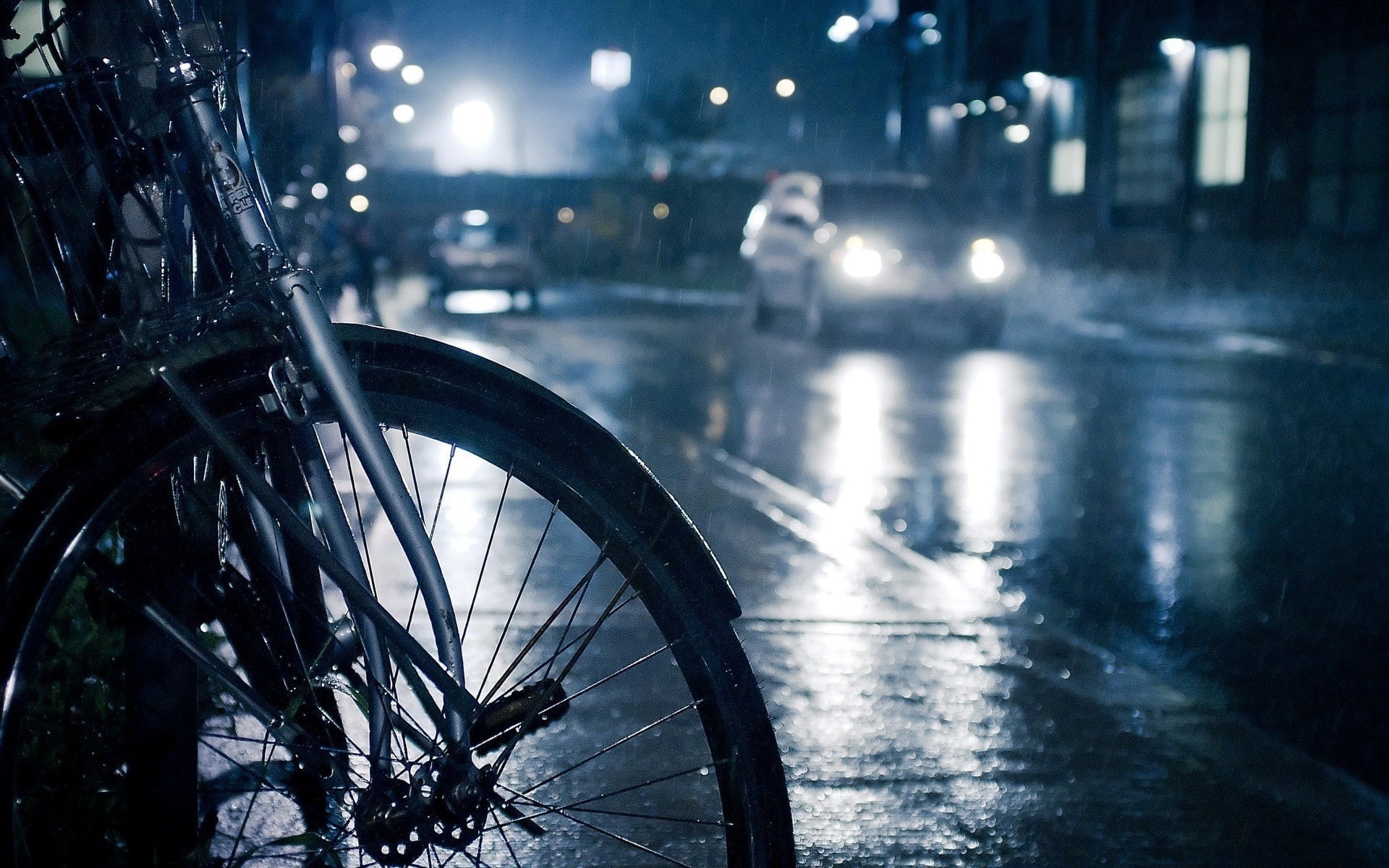 road, rain, 1080P, photography, urban, lights, street, night, city, bicycle, HD Wallpaper