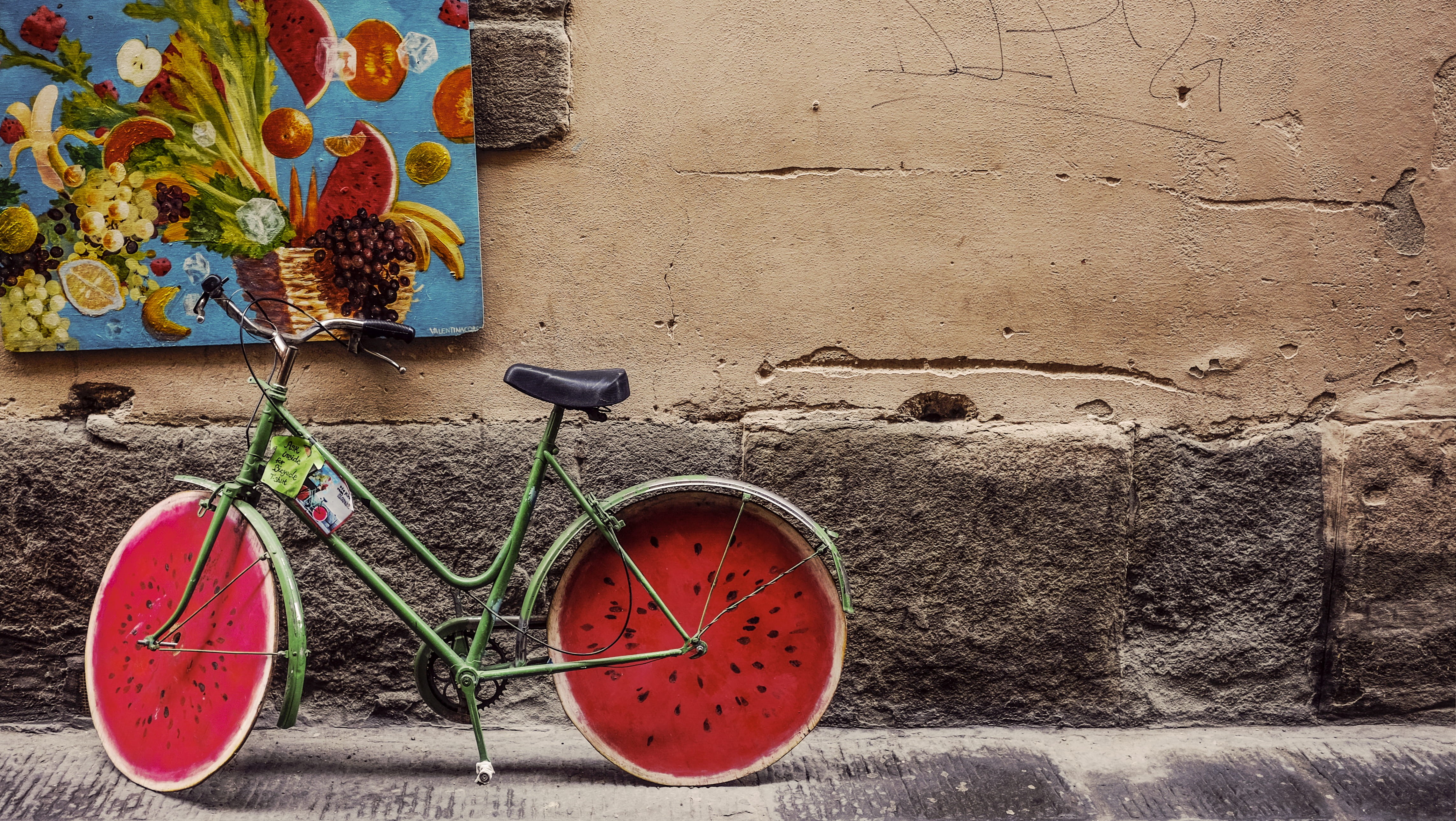 gray, italy, nature, outdoors, solid, architecture, stone wall, plant, day, built structure, concrete, fruit, wall, potted plant, red bike, bicycle, hanging, HD Wallpaper