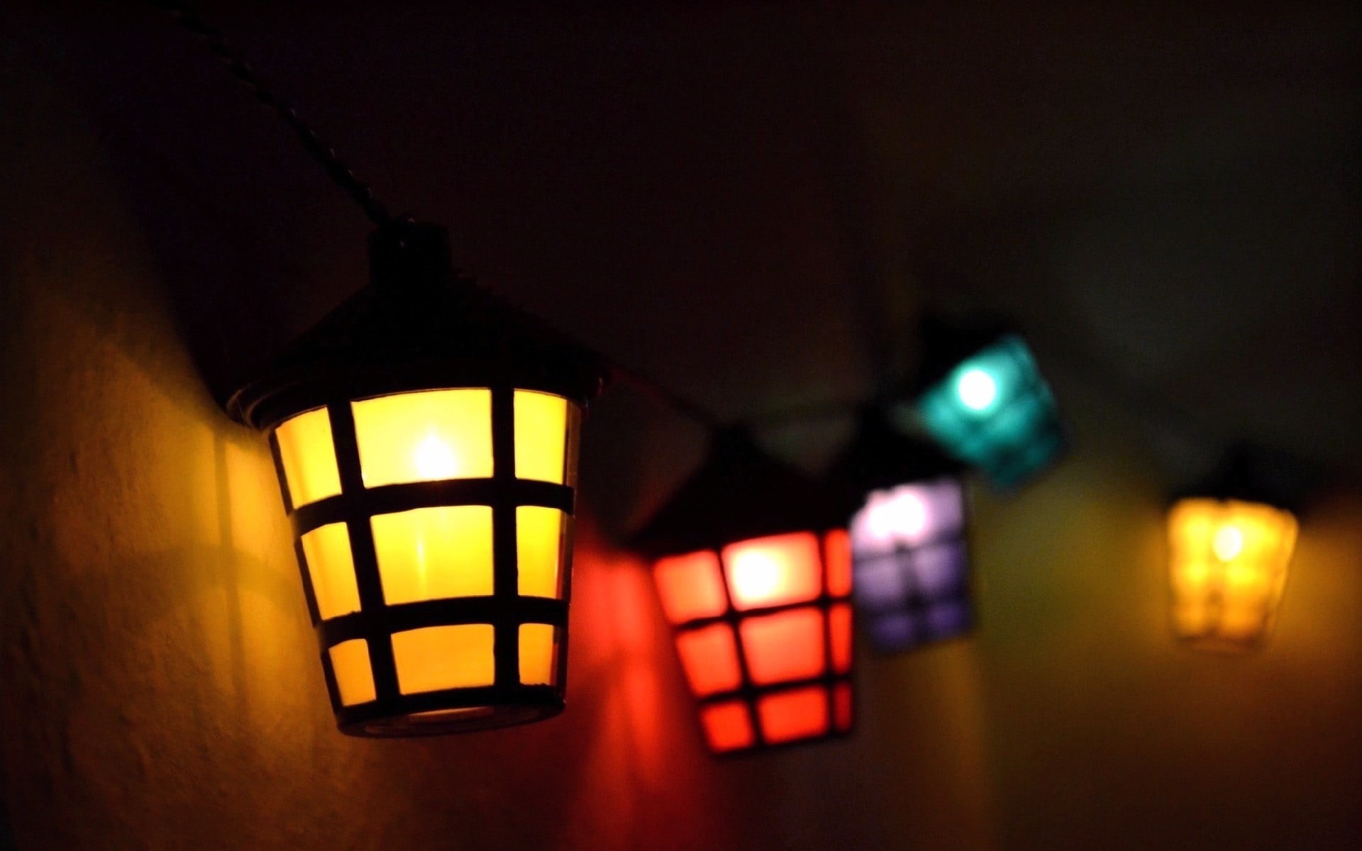 indoors, electricity, wall - building feature, photography, light - natural phenomenon, 1080P, focus on foreground, lantern, glowing, dark, electric lamp, HD Wallpaper