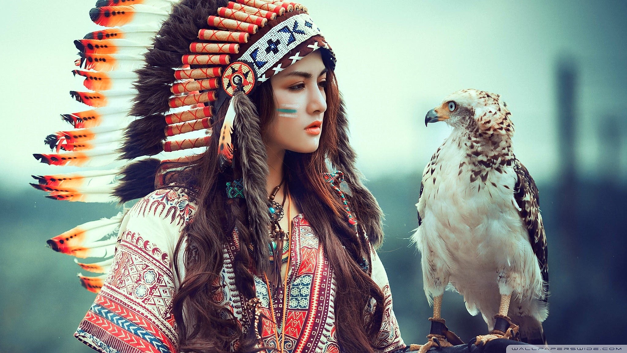 bird of prey, cosplay, Native American clothing, 1080P, birds, animals, women, HD Wallpaper