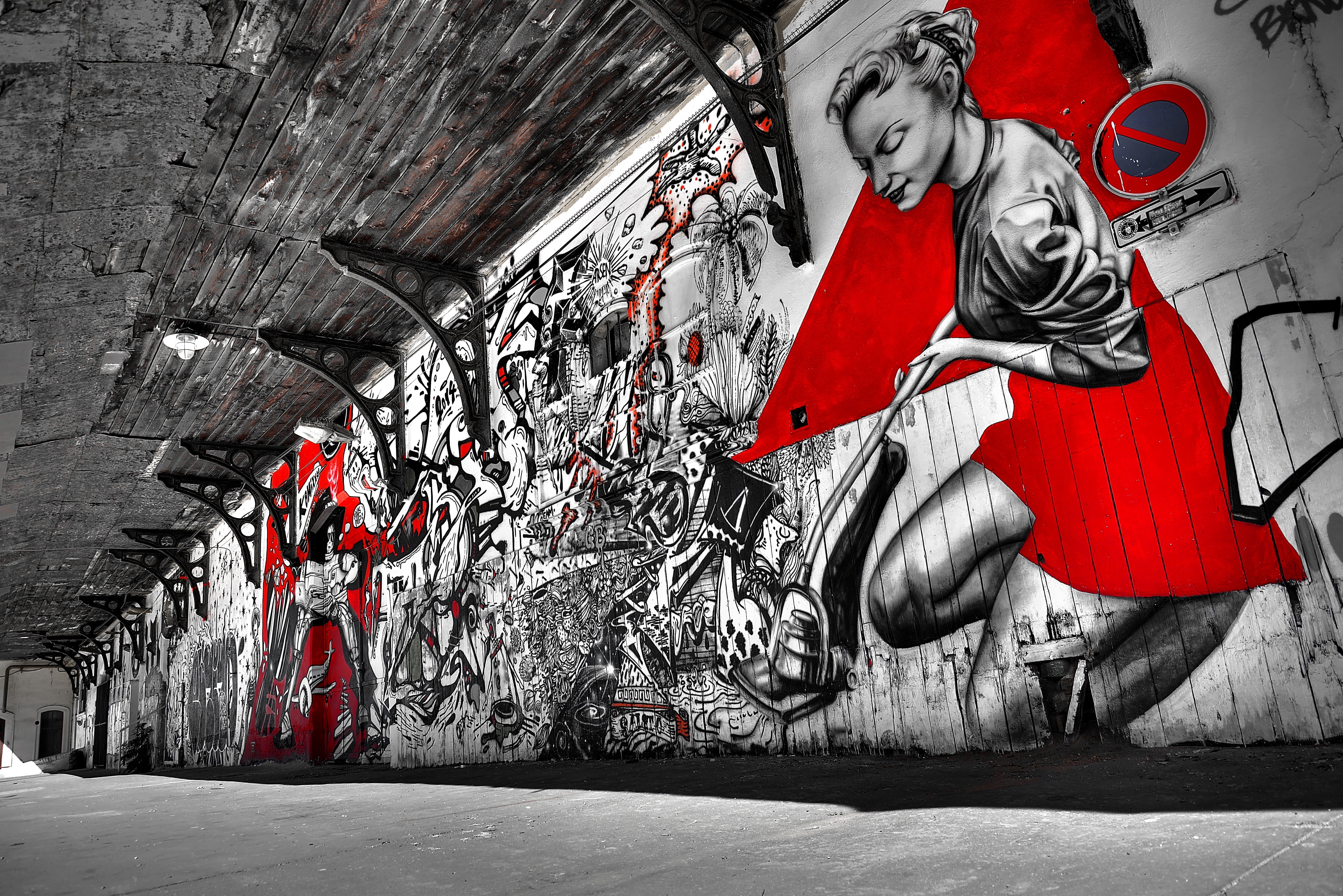 lifestyles, street, cityscape, red, wall, human representation, people, creativity, art, alley, representation, white, artistic, wall - building feature, HD Wallpaper