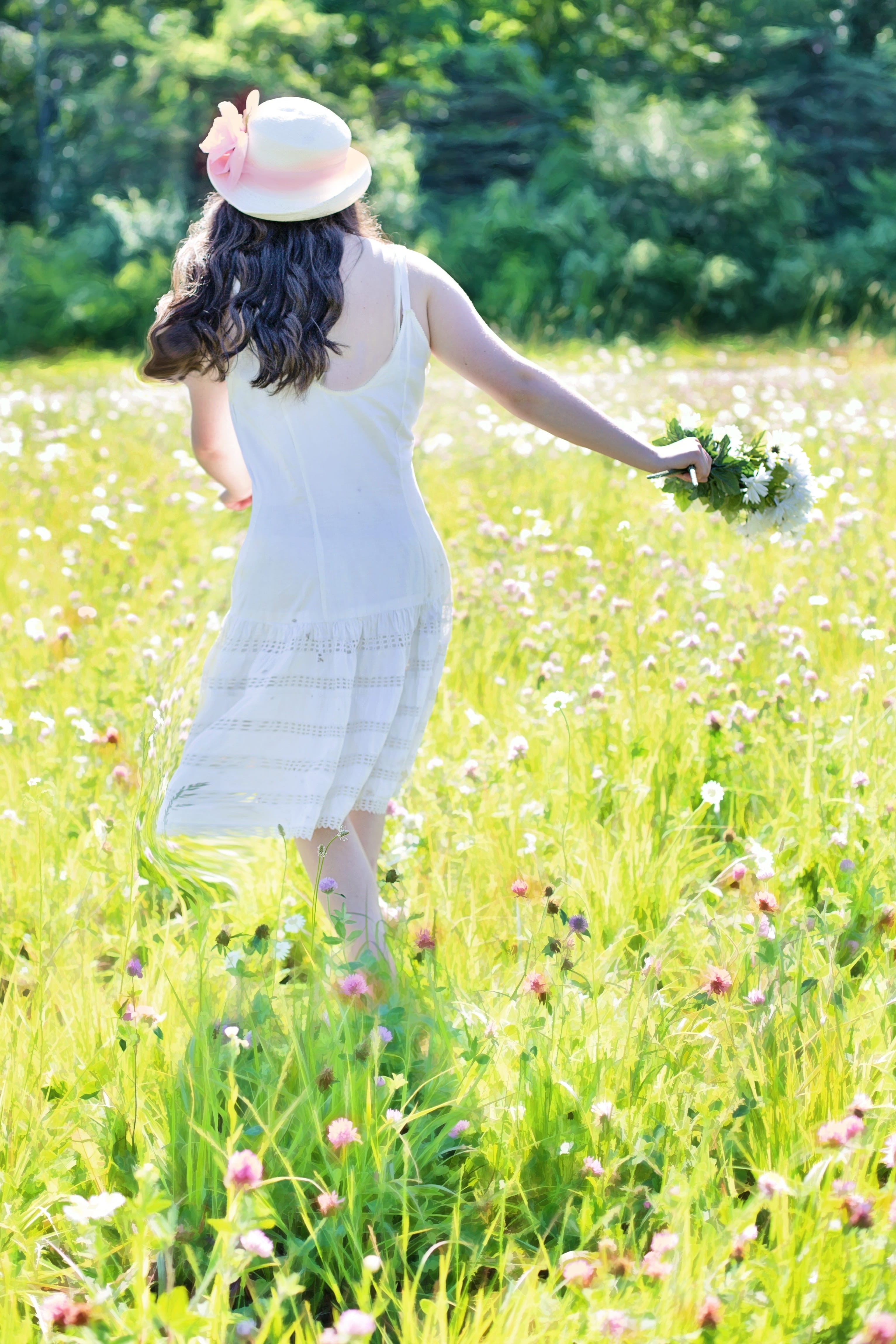 wildflowers, hat, happiness, cute, hair, land, women, rear view, day, pretty girl in wildflowers, grass, spaghetti strap, one Person, dress, fashion, hairstyle, Phone HD Wallpaper